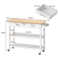 Kitchen Island with Storage 3-Tier Rolling Utility Cart with Wood Countertop-White