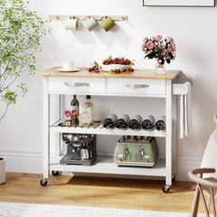 Kitchen Island with Storage 3-Tier Rolling Utility Cart with Wood Countertop-White
