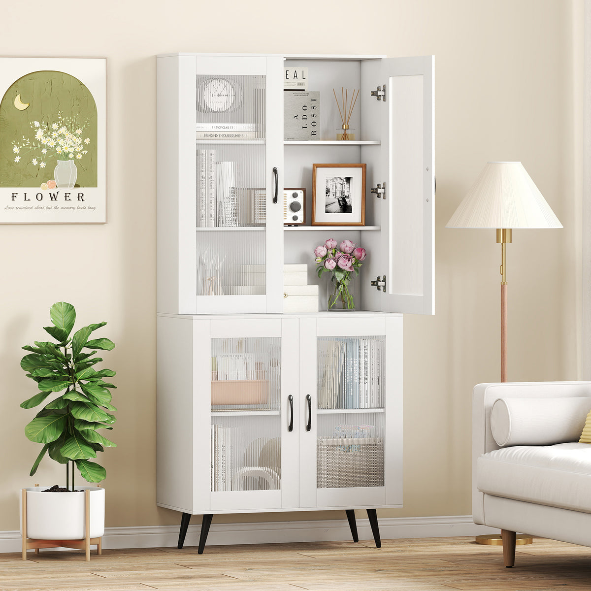 Kitchen Pantry Cabinet with Transparent Doors and Metal Legs-White
