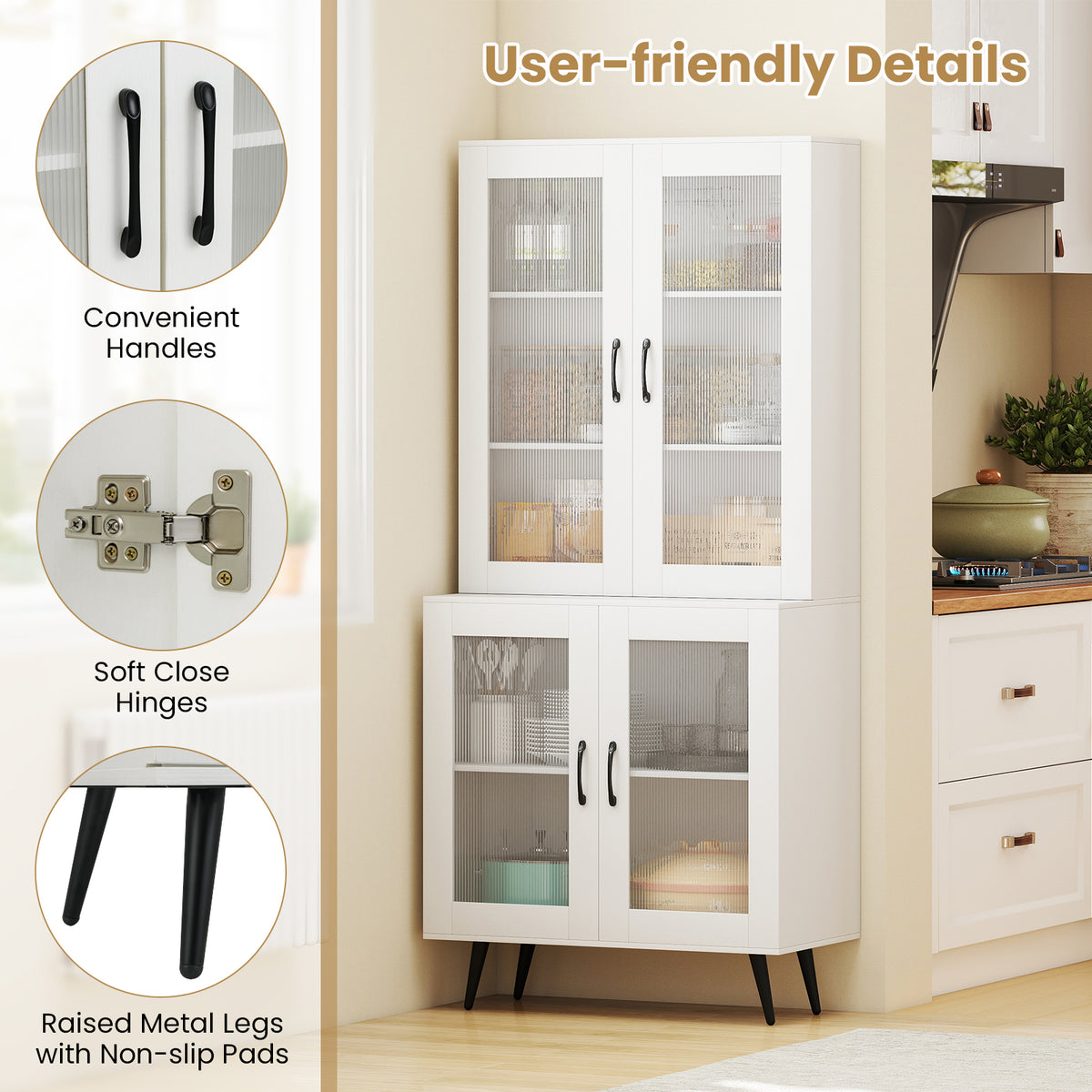Kitchen Pantry Cabinet with Transparent Doors and Metal Legs-White