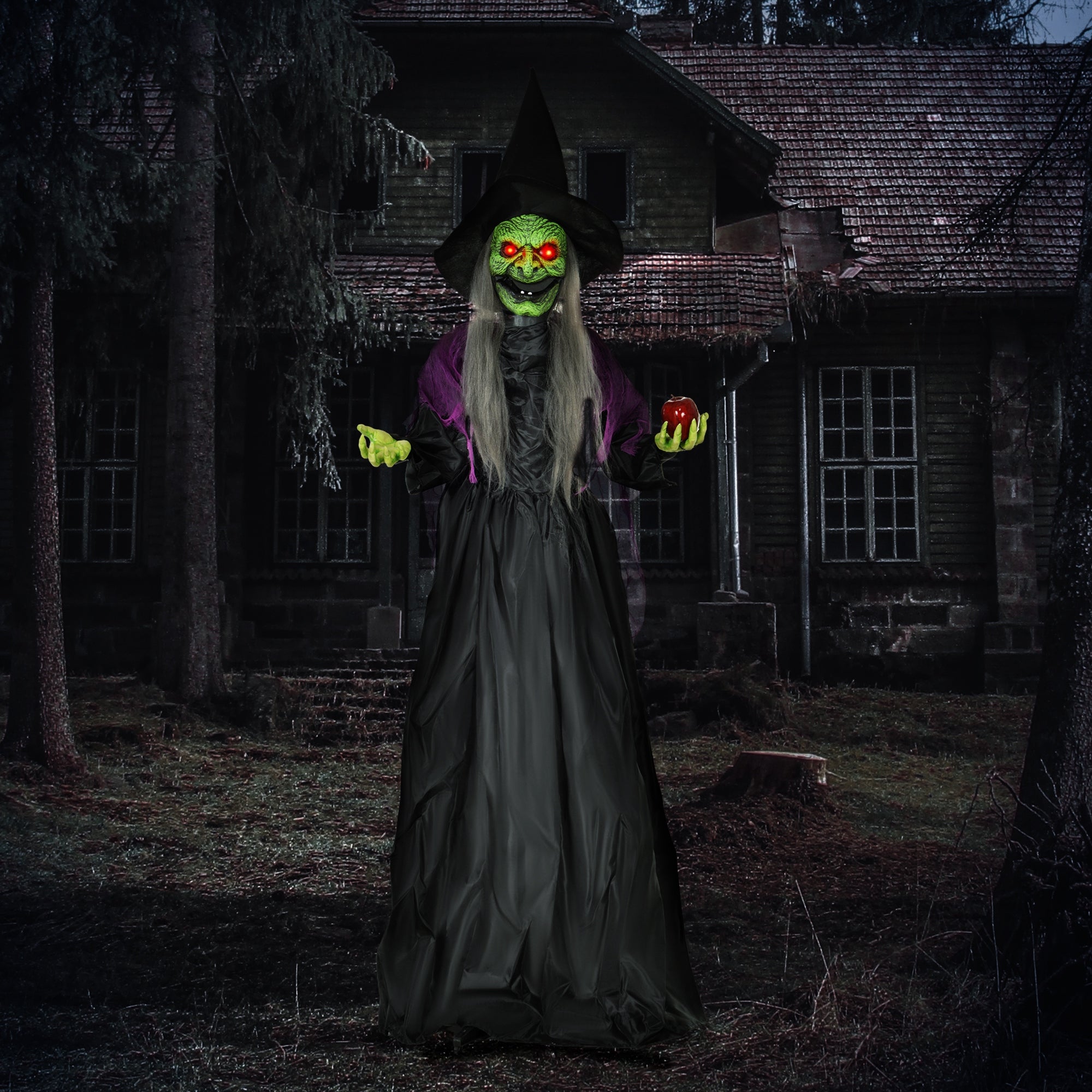 HOMCOM 180 cm Life Size Halloween Animated Standing Witch, Spooky Witch with Glowing LED Eyes, Battery Operated