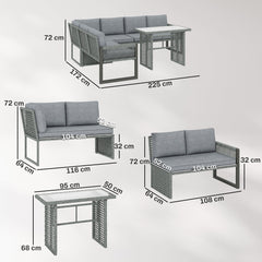 Outsunny 6 Seater Rattan Garden Furniture Set with 3 Loveseats, Table, Patio Rattan Furniture Corner Sofa Set, Grey