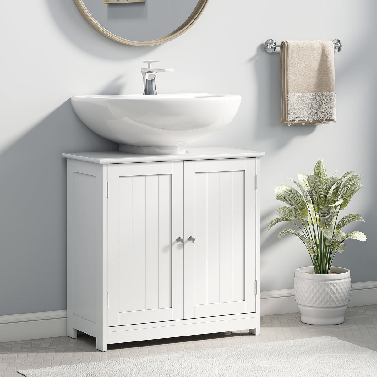 kleankin 60x60cm Under-Sink Storage Cabinet w/ Adjustable Shelf Handles Drain Hole Bathroom Cabinet Space Saver Organizer White
