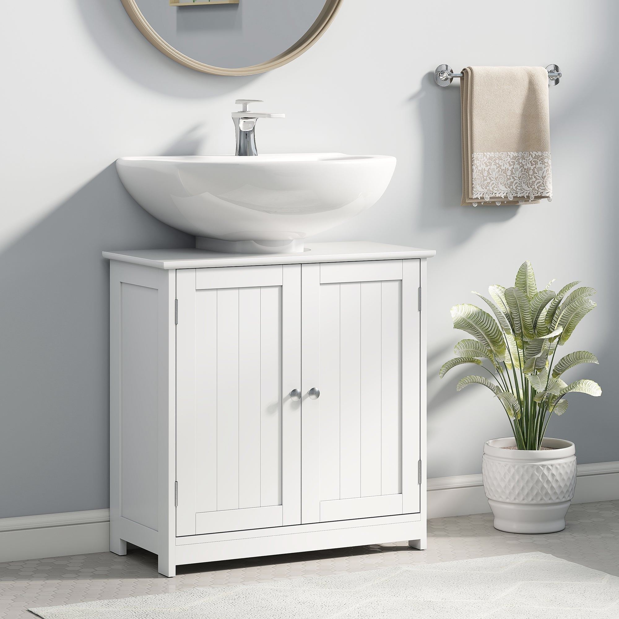 kleankin 60x60cm Under-Sink Storage Cabinet w/ Adjustable Shelf Handles Drain Hole Bathroom Cabinet Space Saver Organizer White