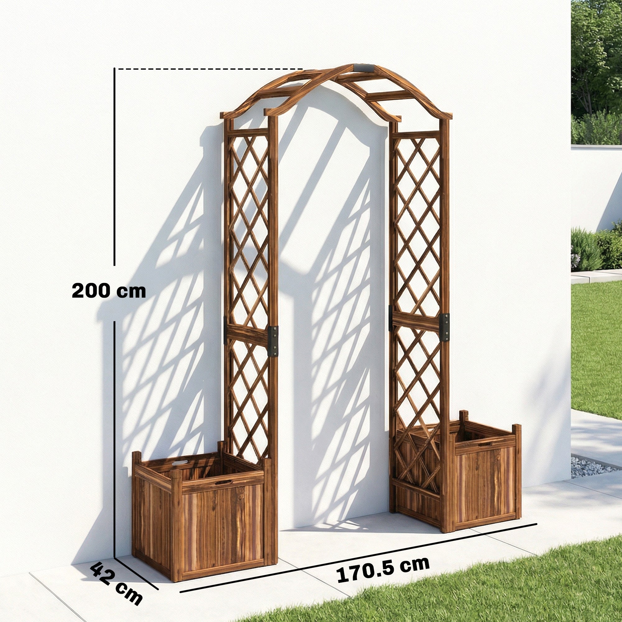 Outsunny Wooden Garden Arch with 2 Planter Boxes, Outdoor Rose Arch Trellis for Climbing Vines, Carbonised