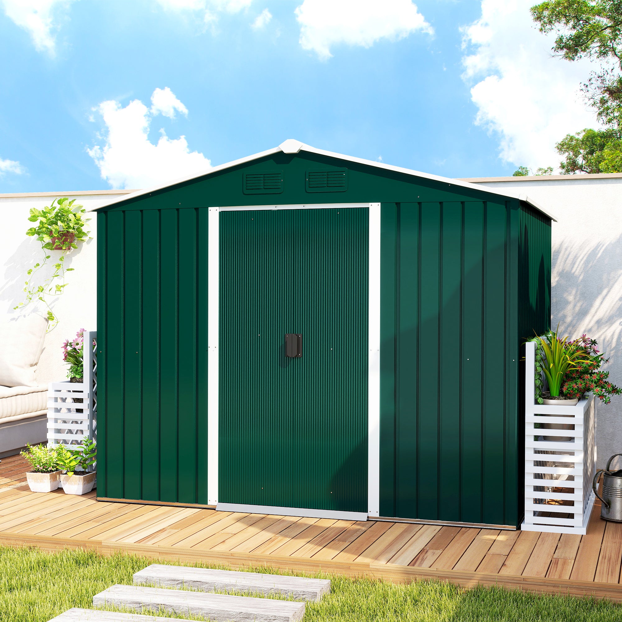 Outsunny 7.7 x 5.7ft Metal Garden Shed with Ventilation Slots and Sliding Doors, Galvanised Outdoor Tool Storage House, Green
