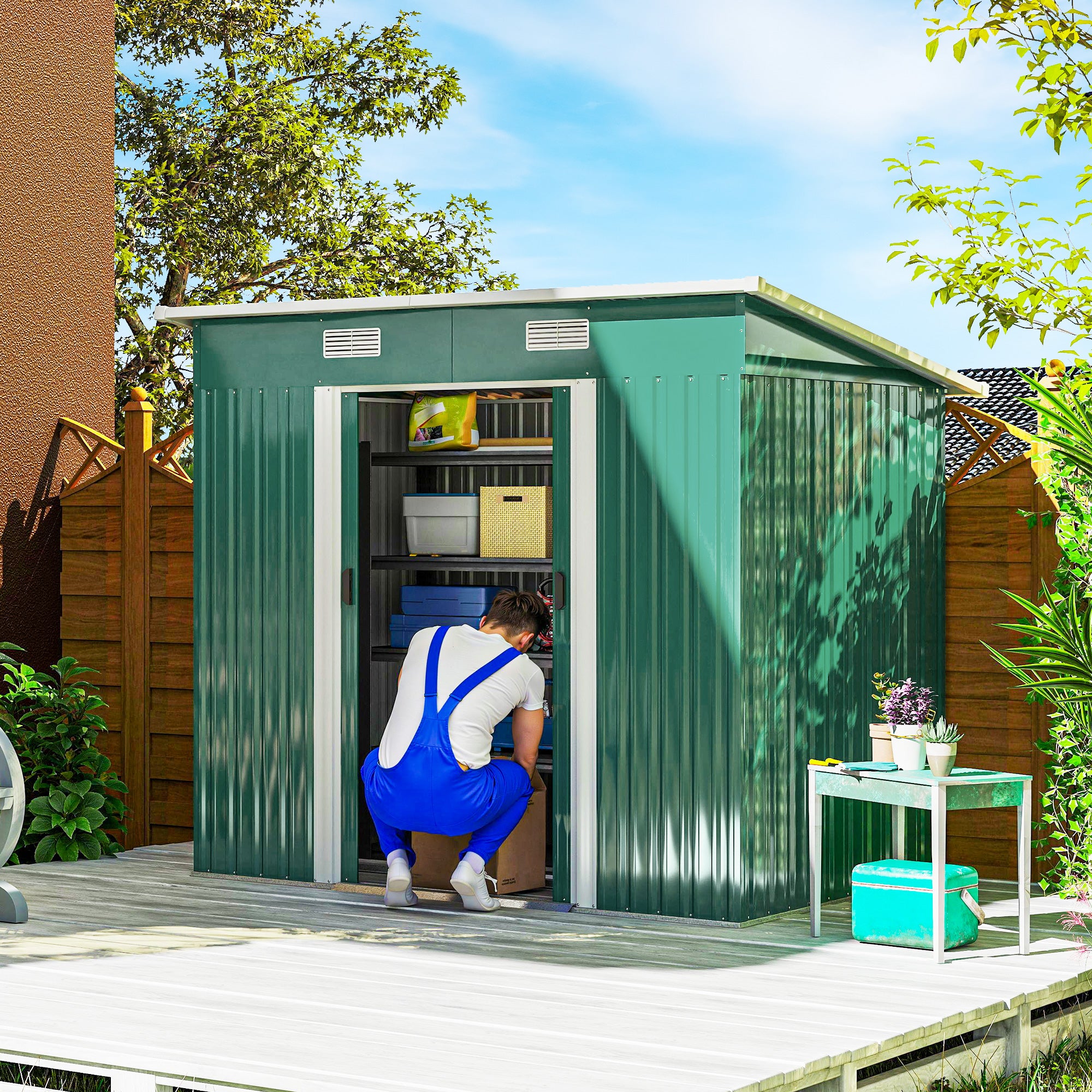 Outsunny 7 x 4ft Outdoor Storage Shed with Foundation Kit, Lean to Metal Garden Shed for Log, Rubbish Bin, Tool, Lawnmower, Bike, Patio and Lawn Use, Green