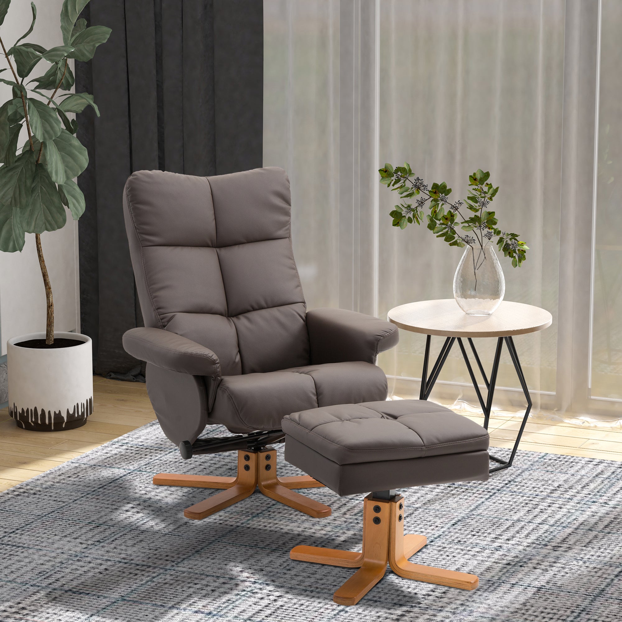 HOMCOM PU Leather Swivel Recliner Chair with Footstool, Wooden Base and Storage for Living Room, Brown
