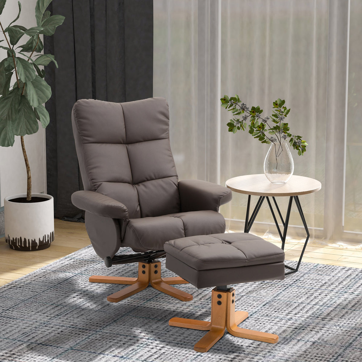 HOMCOM PU Leather Swivel Recliner Chair with Footstool, Wooden Base and Storage for Living Room, Brown