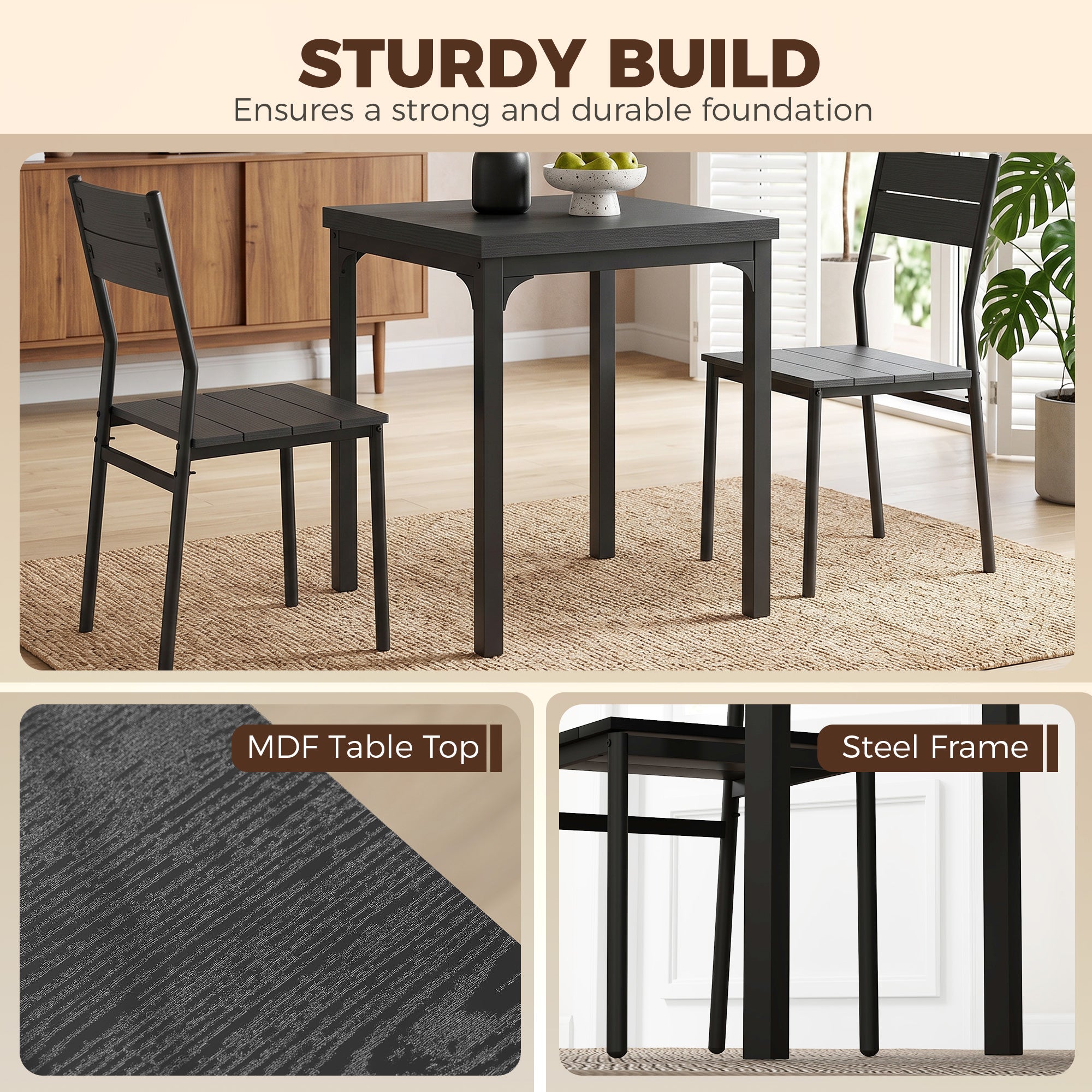 HOMCOM 3 Piece Space-Saving Kitchen Table and Chairs, Dining Table Set for 2 with Metal Legs, Black Wood Effect