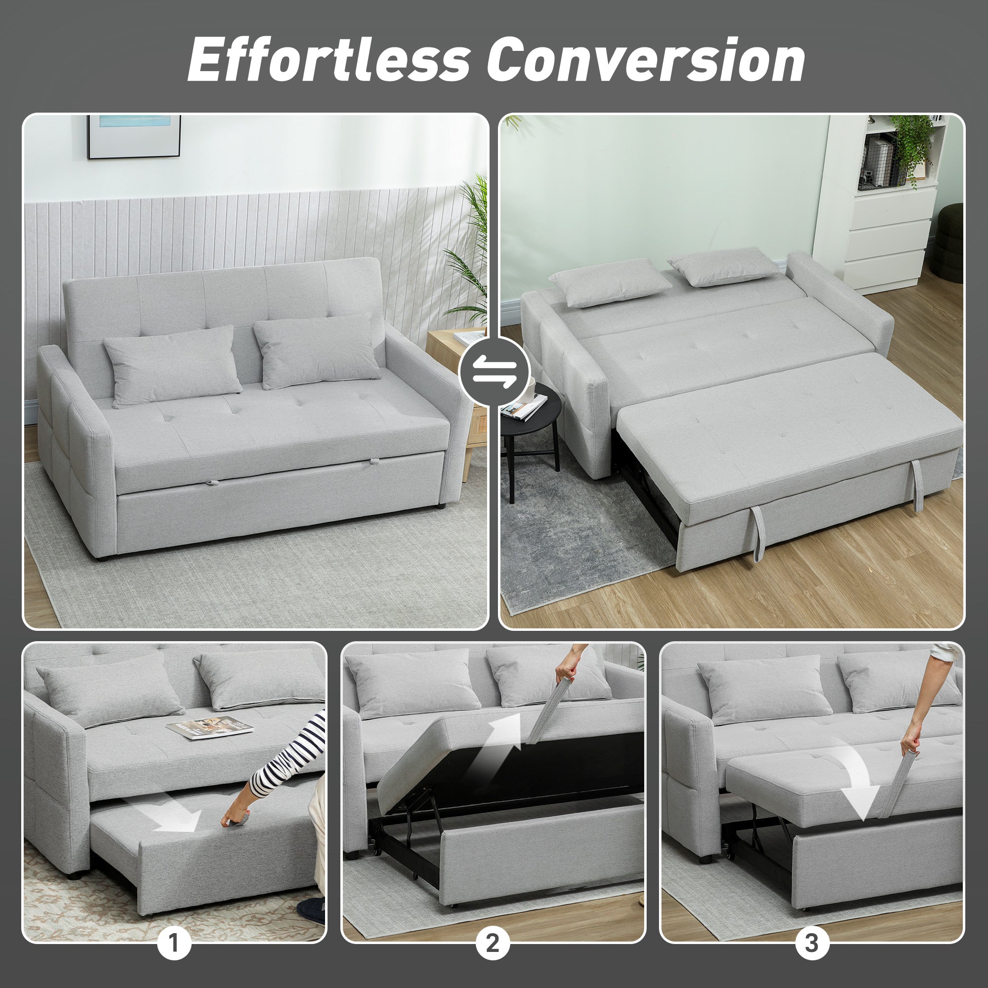HOMCOM Three-Way Two-Seater Sofa Bed - Light Grey