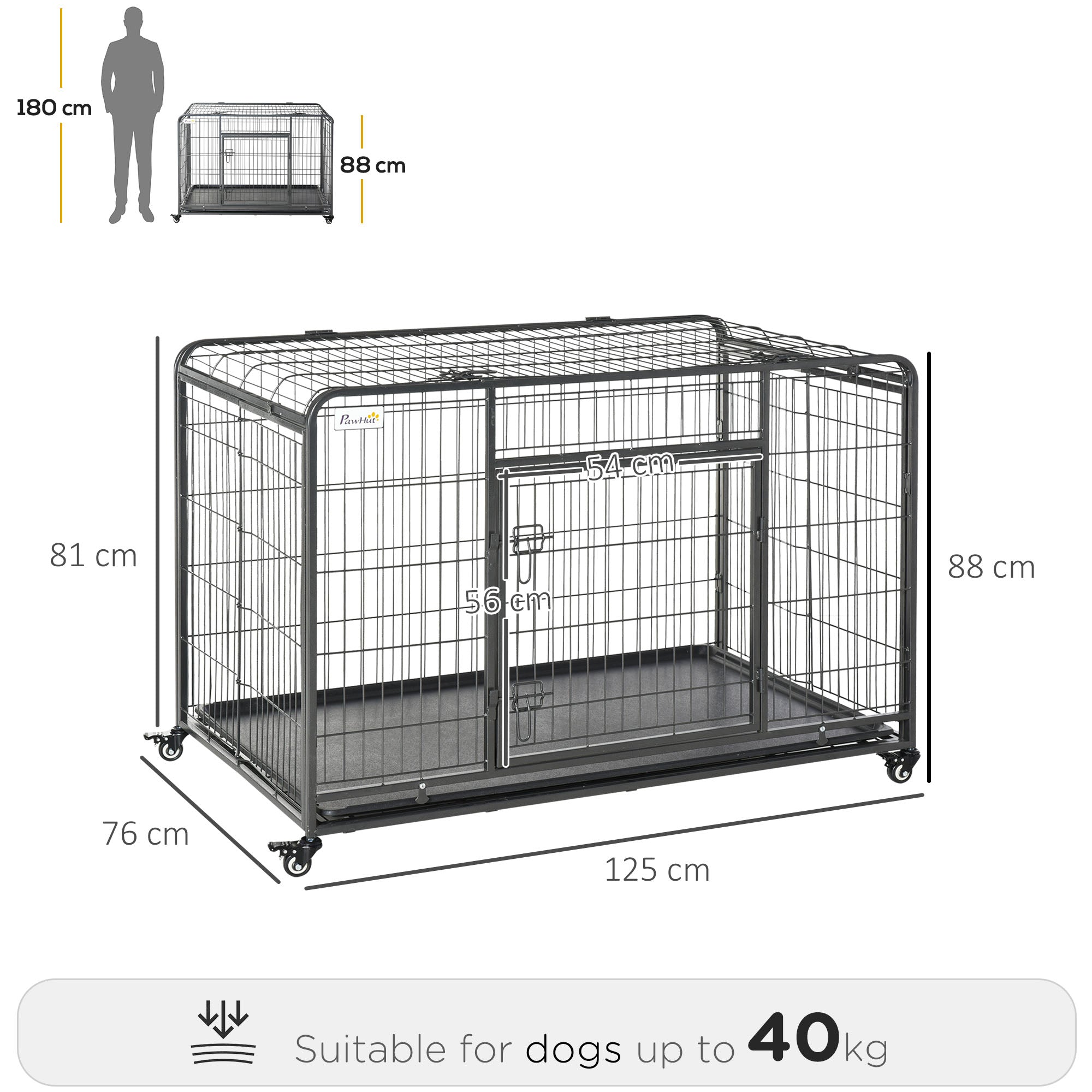PawHut Metal Dog Cage Kennel Locking Door & Wheels Removable Tray Openable Top For Extra Large Pets 125 x 76 x 81 cm