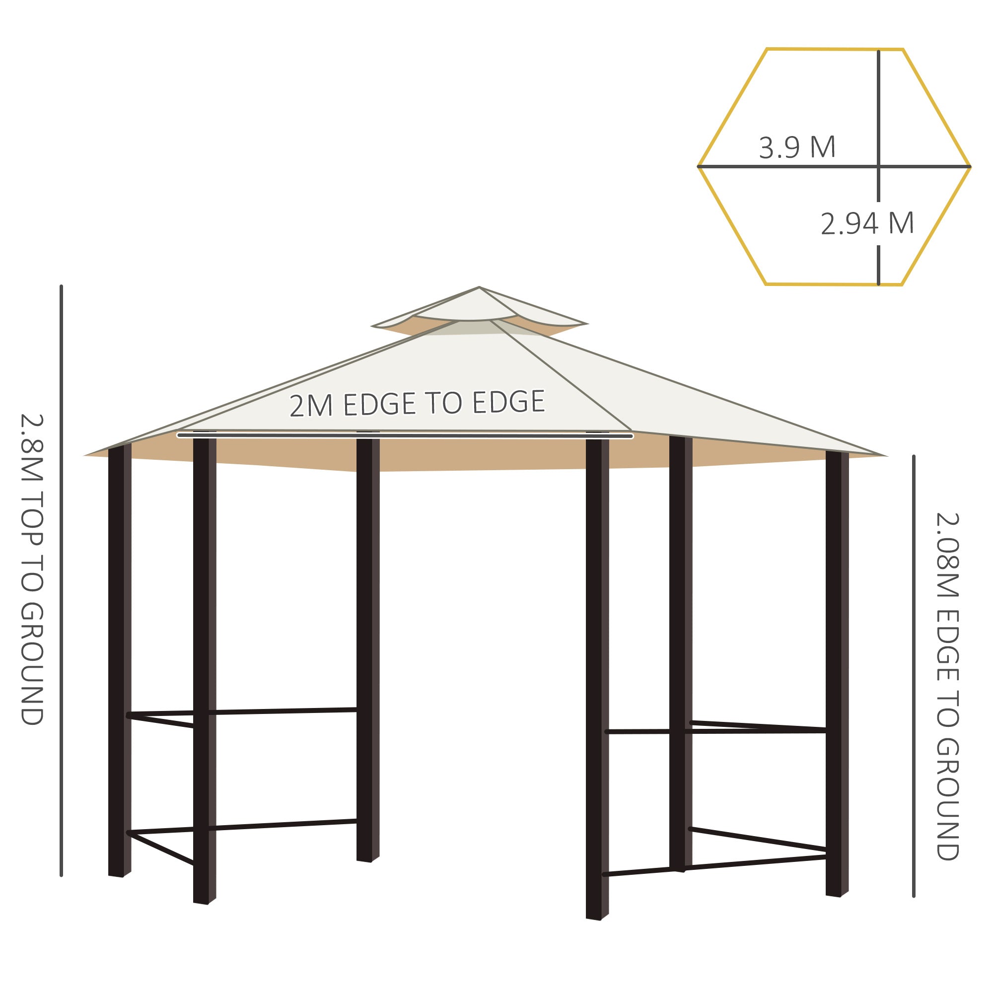 Outsunny 3 x 3 Hexagon Gazebo Patio Canopy Party Tent Outdoor Garden Shelter with 2 Tier Roof and Side Panel, Beige