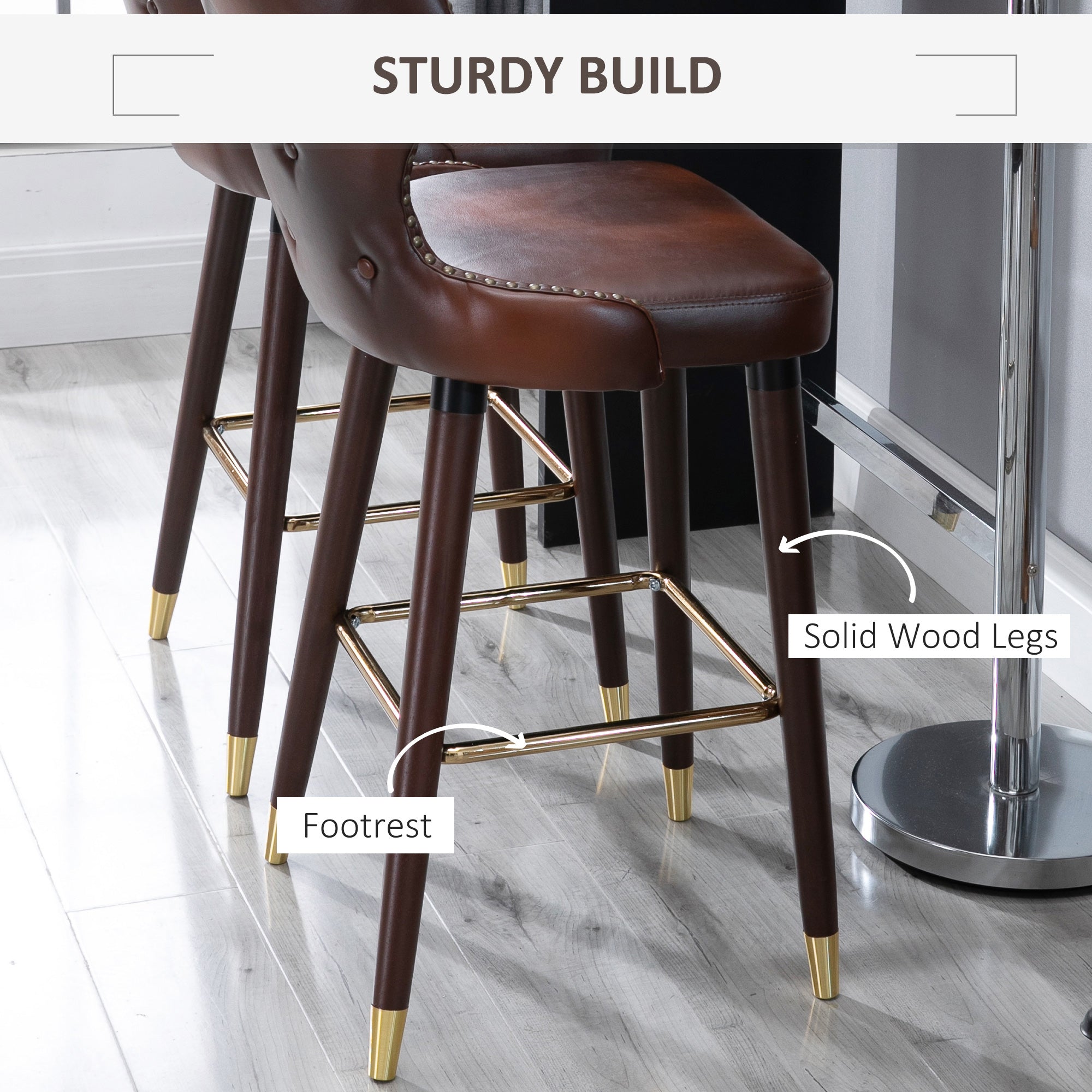 HOMCOM Bar Stools Set of 2, PU Leather Barstools with Back, Footrest and Wood Legs for Kitchen, Counter, Breakfast Bar, Brown