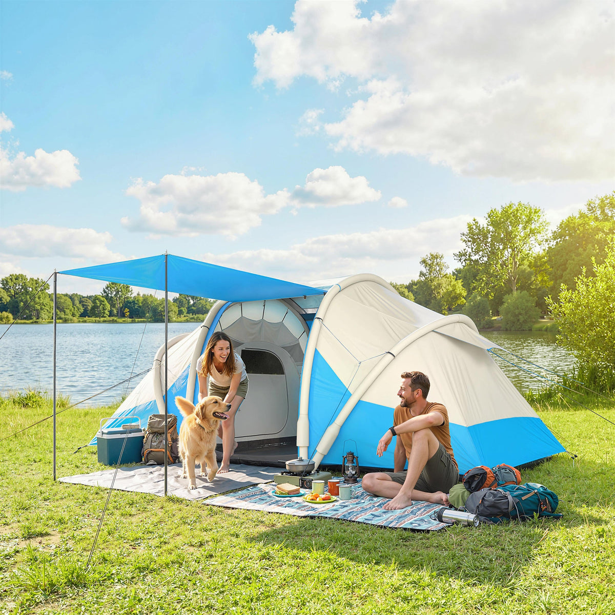 Outsunny Inflatable Tent 2 Bedroom 3000mm Waterproof Windproof Air Tent with Carry Bag for 2-4 Person