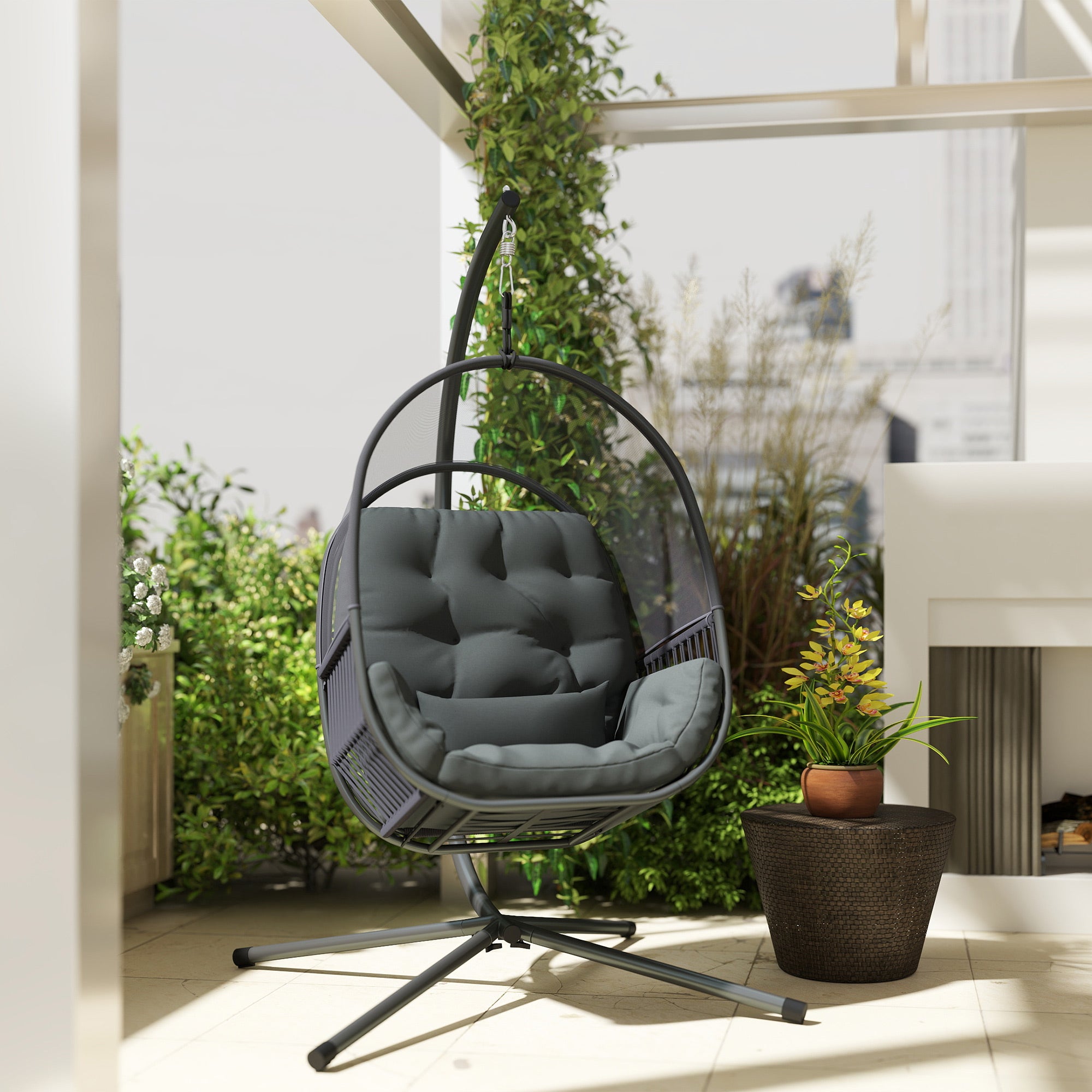 Outsunny Hanging Egg Chair Outdoor Indoor, Swing Hammock Chair with Stand, Cushions, Lumbar Pillow, Adjustable Height and Steel Frame for Garden Patio Lounge Porch, Dark Grey