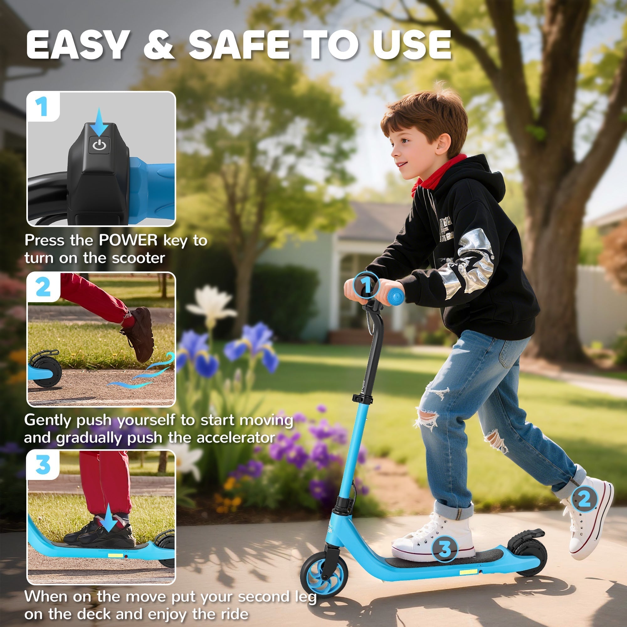 HOMCOM Electric Scooter, 120W Motor E-Scooter, Adjustable Height, Rear Brake for Ages 6+ Years - Blue