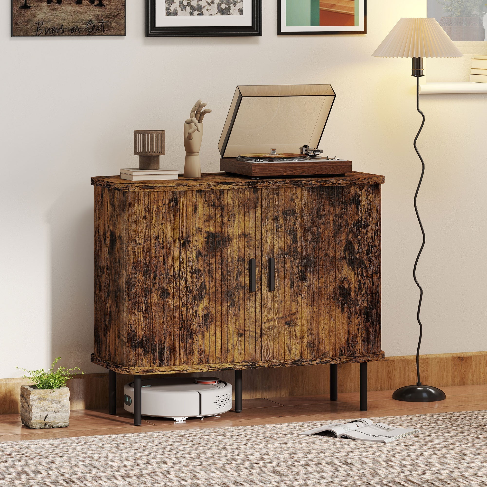 HOMCOM Mid-Century Modern Sideboard Storage Cabinet with Slatted Tambour Sliding Doors, Kitchen Cabinet with Steel Legs, Rustic Brown
