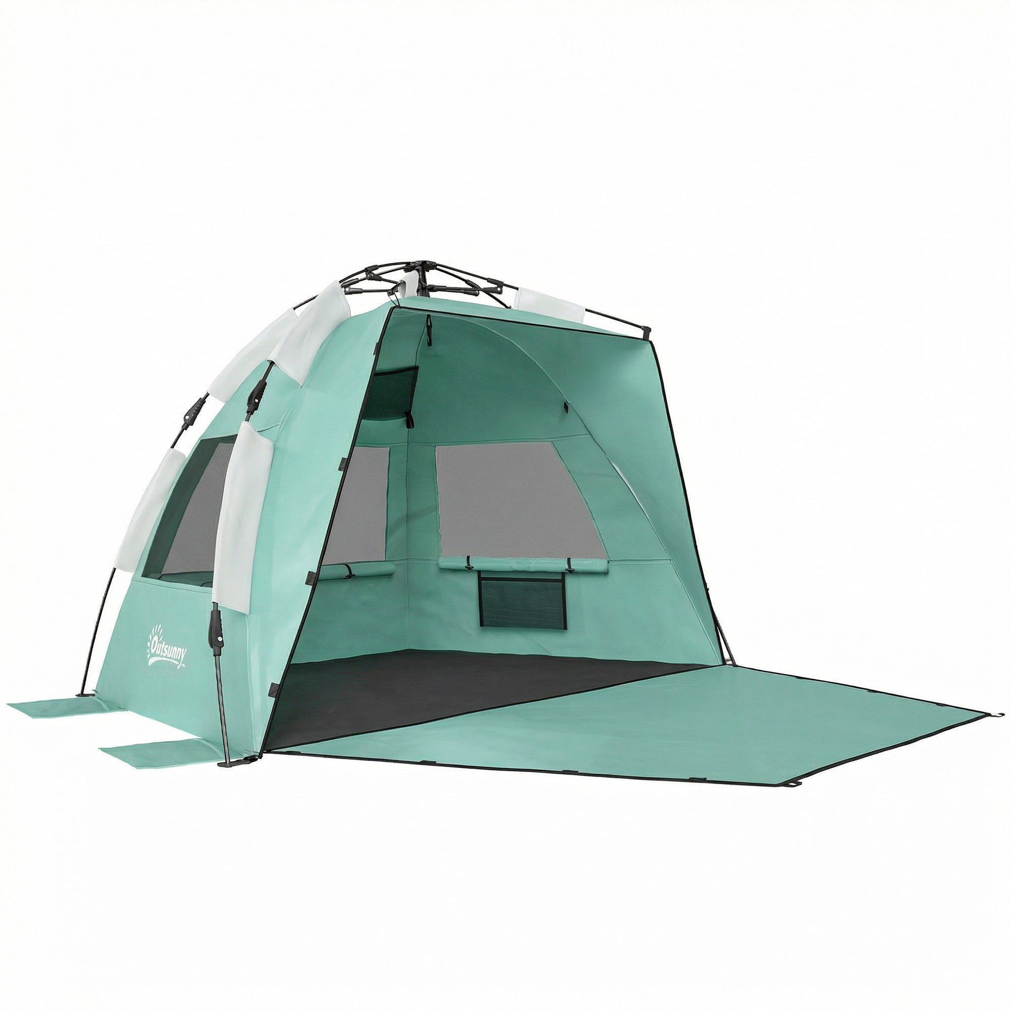 Outsunny 2-3 Person Pop Up Beach Tent, UPF15+ Sun Shelter with Extended Floor, Sandbags, Mesh Windows and Carry Bag, Green