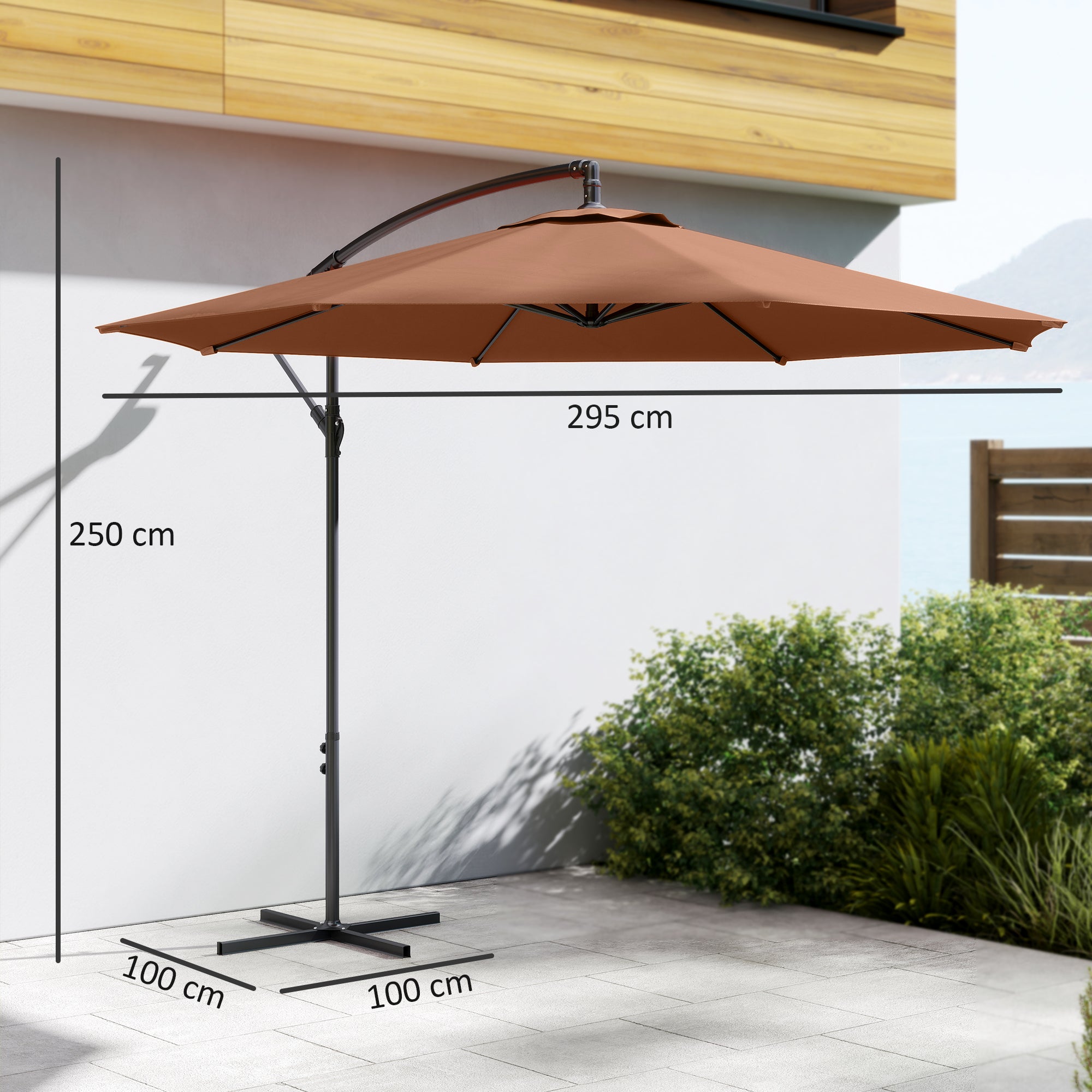 Outsunny 3 m Overhanging Cantilever Parasol, with Cross Base - Coffee