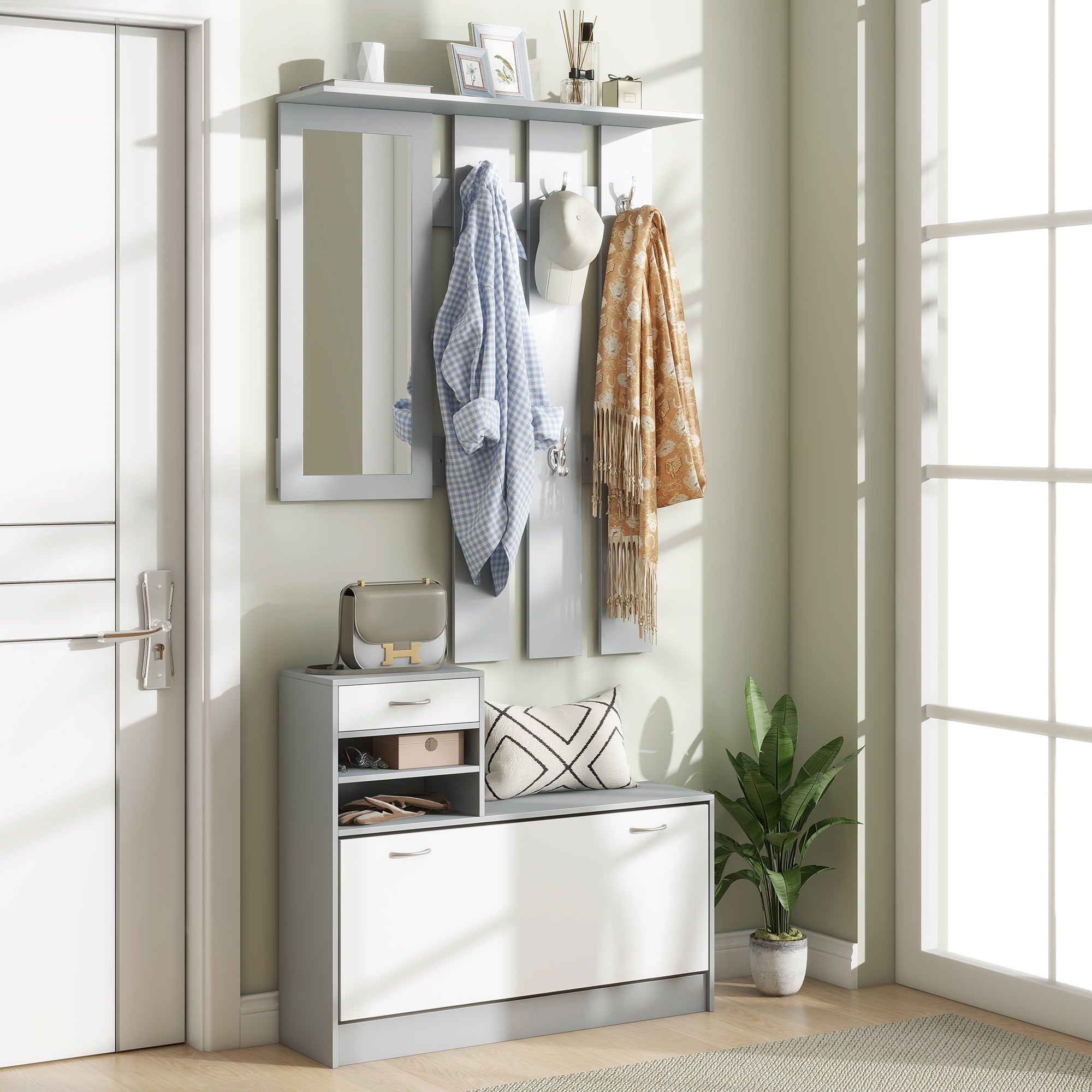 HOMCOM Three-in-One Hallway Storage Set - Grey/White