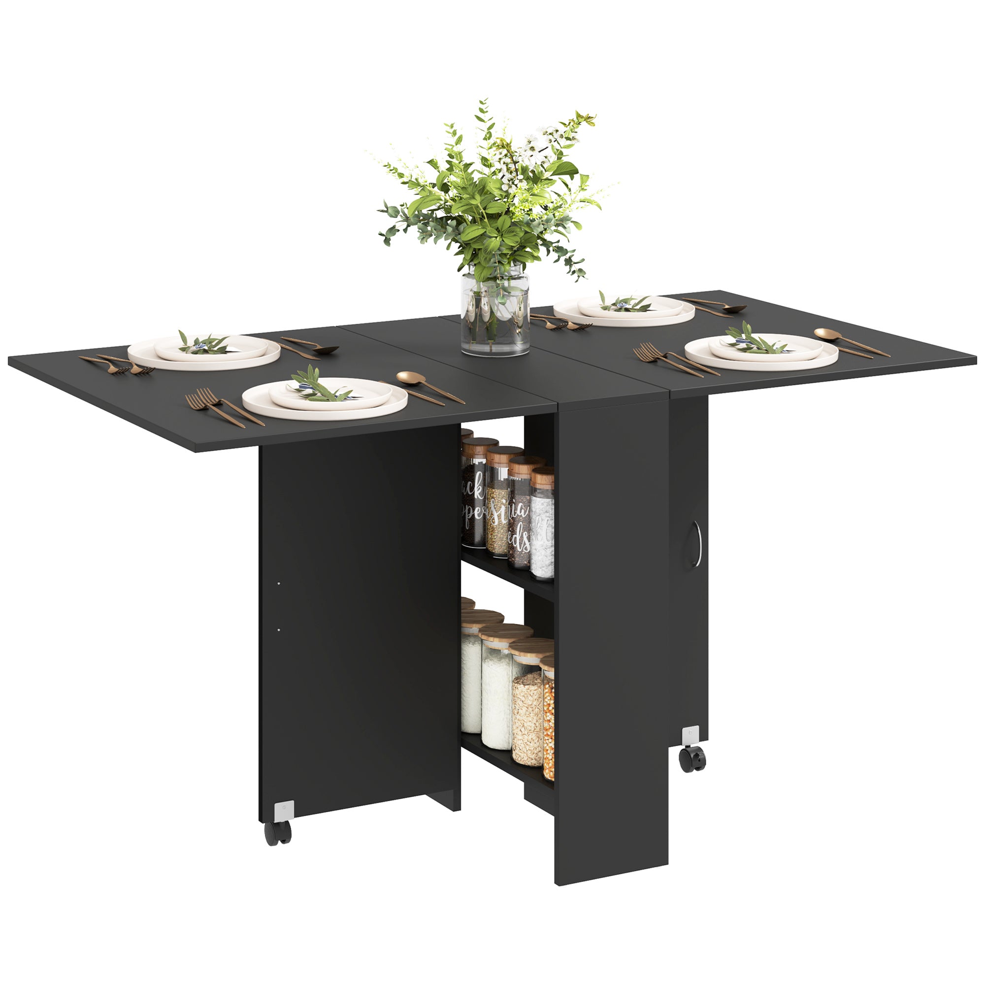 HOMCOM Foldable Dining Table, Extendable Drop Leaf Table with 2-tier Shelves, Small Dinner Table with Rolling Casters