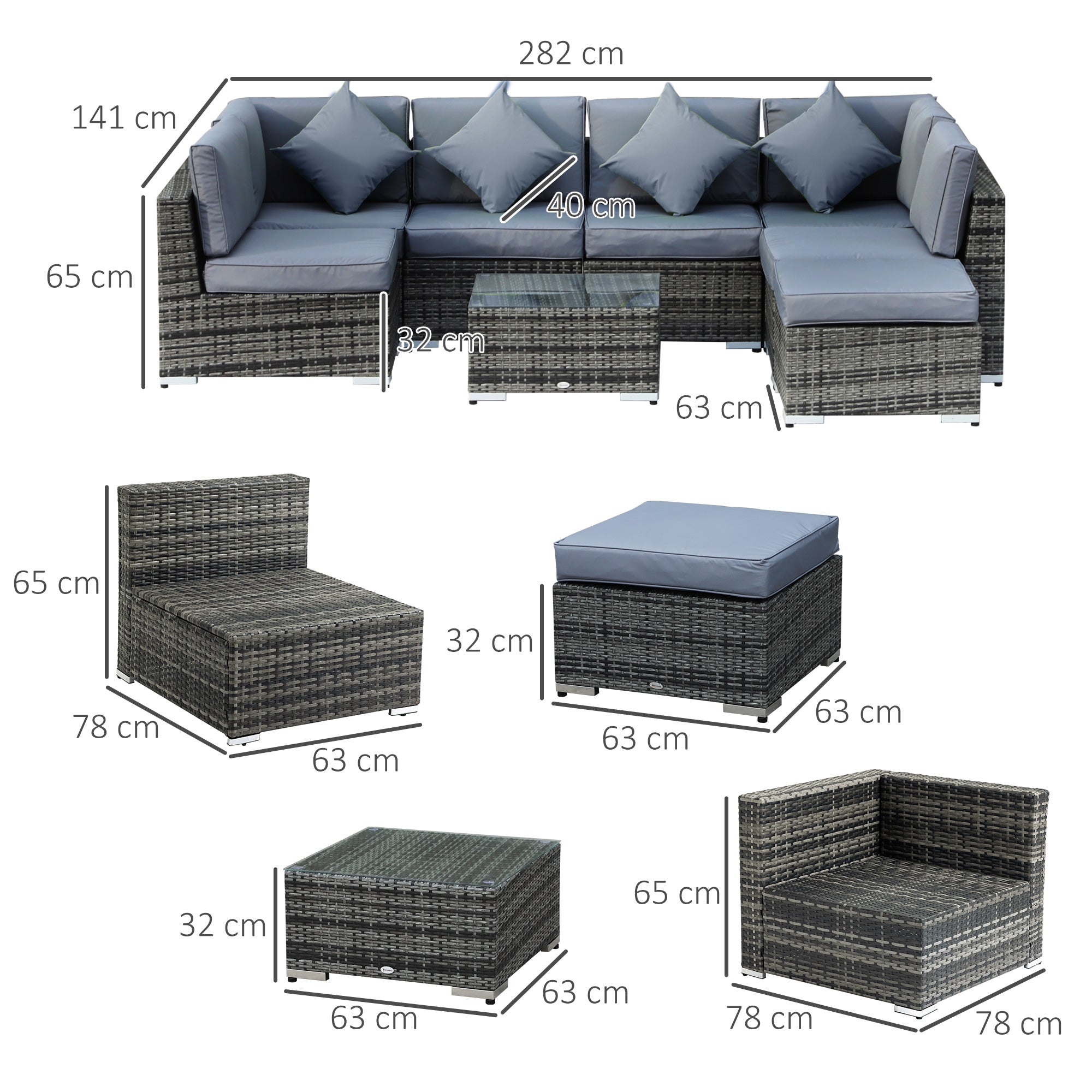 Outsunny 8 Piece Rattan Corner Sofa Set with Wide & Deep Seat, Assembled Aluminium PE Rattan Garden Furniture Set with Thick Cushions and Glass Top Table for Outdoor, Conservatory, Grey
