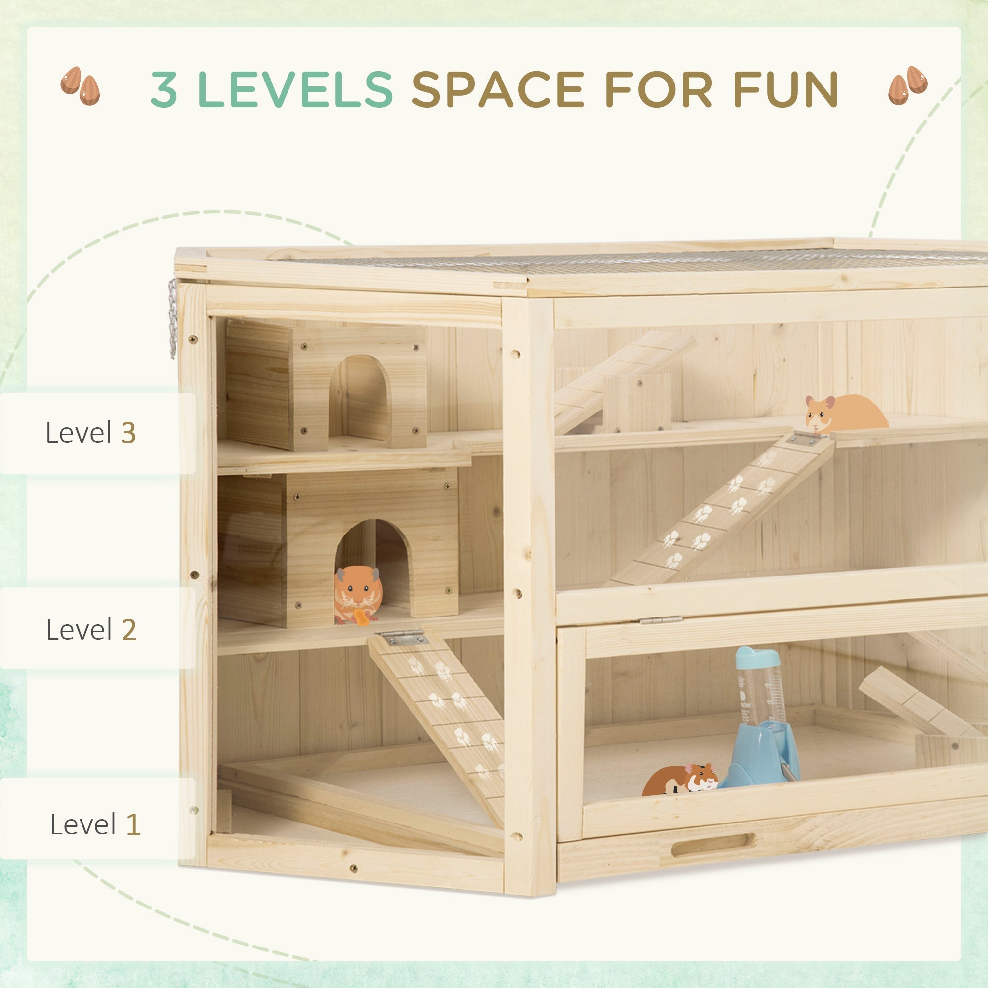 PawHut 3 Tier Wooden Large Hamster Cage with Sliding Tray, Seesaws, Water Bottle, Natural