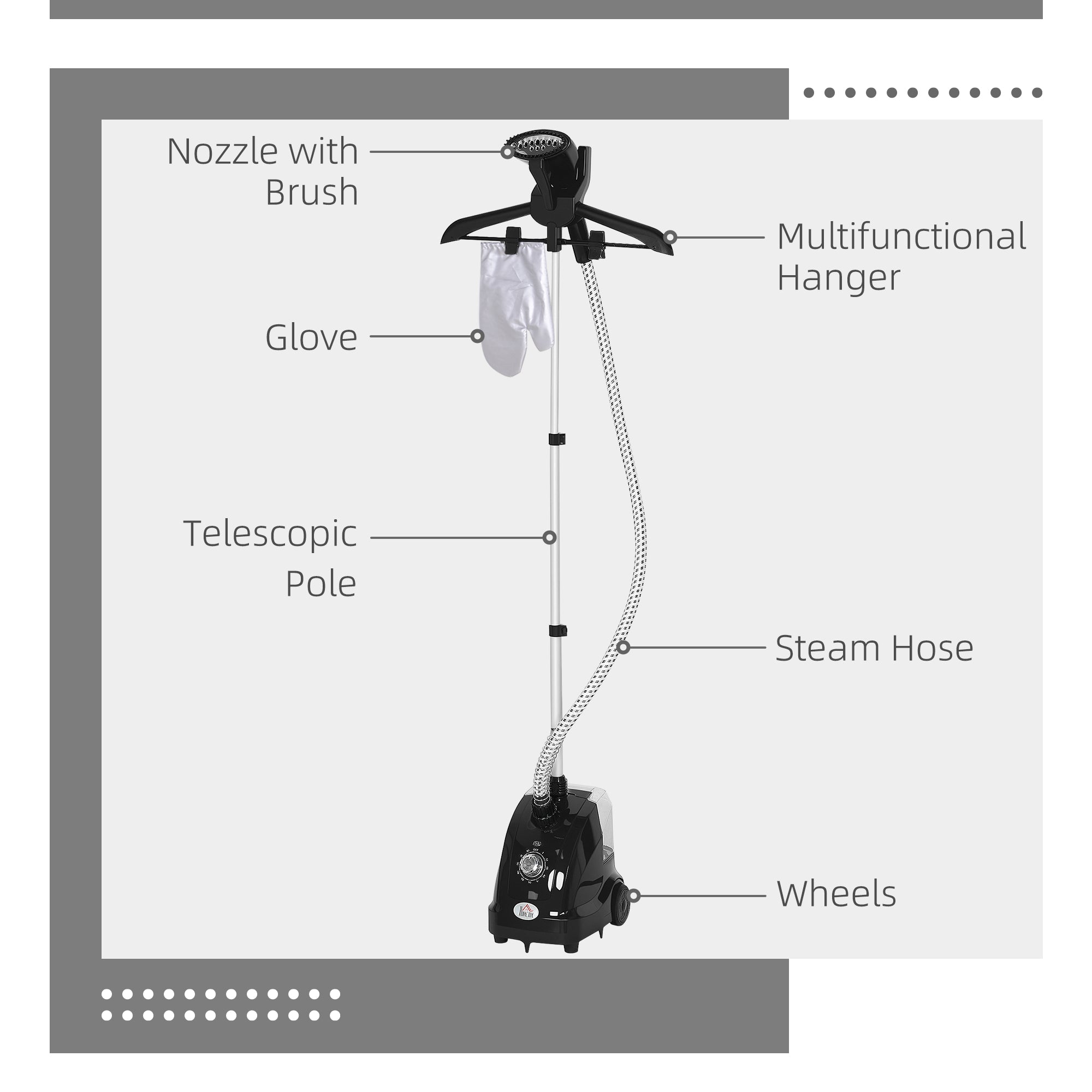HOMCOM Clothes Steamer with Adjustable Pole Clothes Steamer 11 Steam Levels 41-110 cm Black