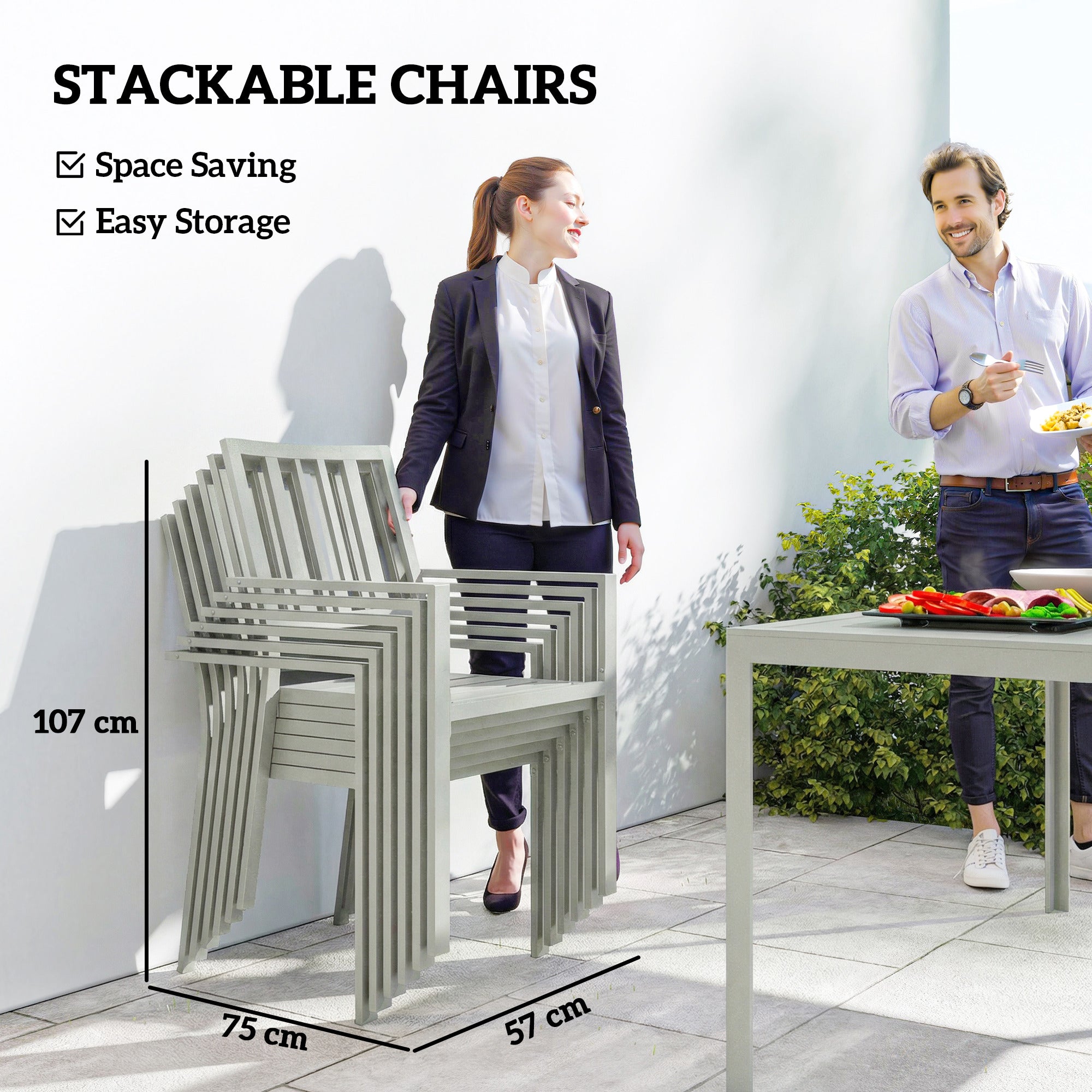 Outsunny Garden Table and Chairs for 6, 7 Pieces Garden Furniture Set with Table, 6 Stackable Chairs and Umbrella Hole Light Grey