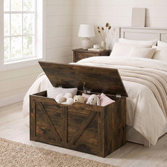 HOMCOM 100L Home Storage Box, with Safety Hinge - Rustic Brown Wood-Effect