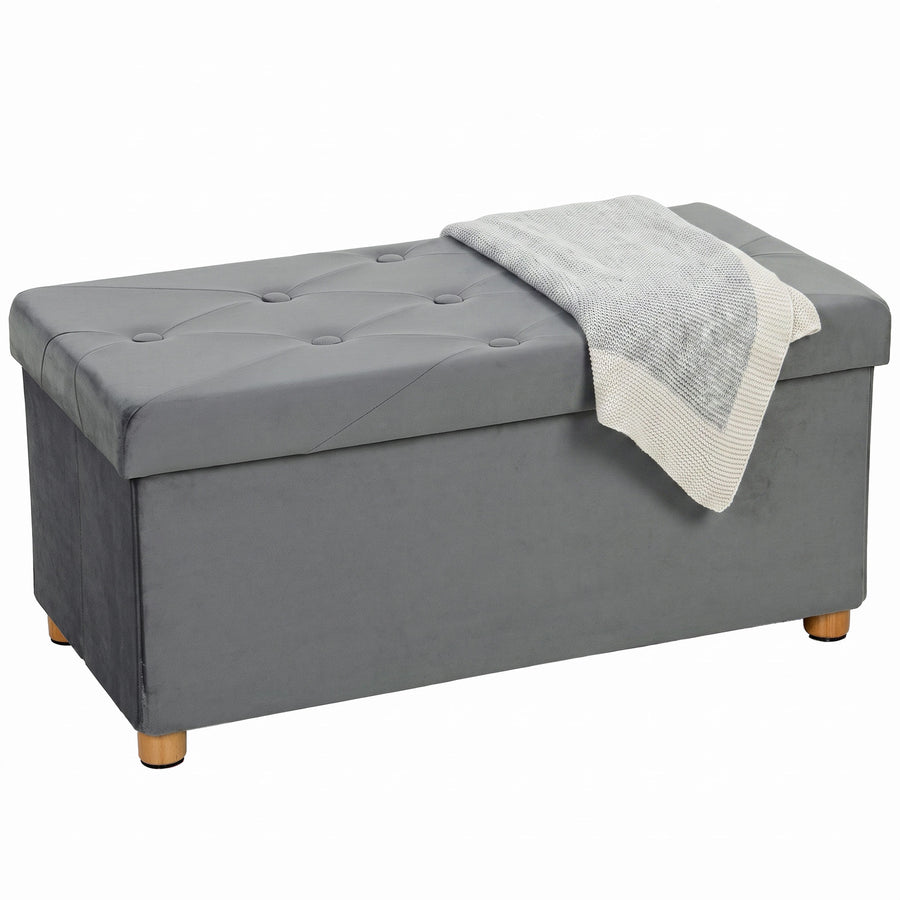 HOMCOM Velvet Upholstered Foldable Ottoman Footrest, Storage Ottoman Bench with Wood Legs for Living Room, Grey