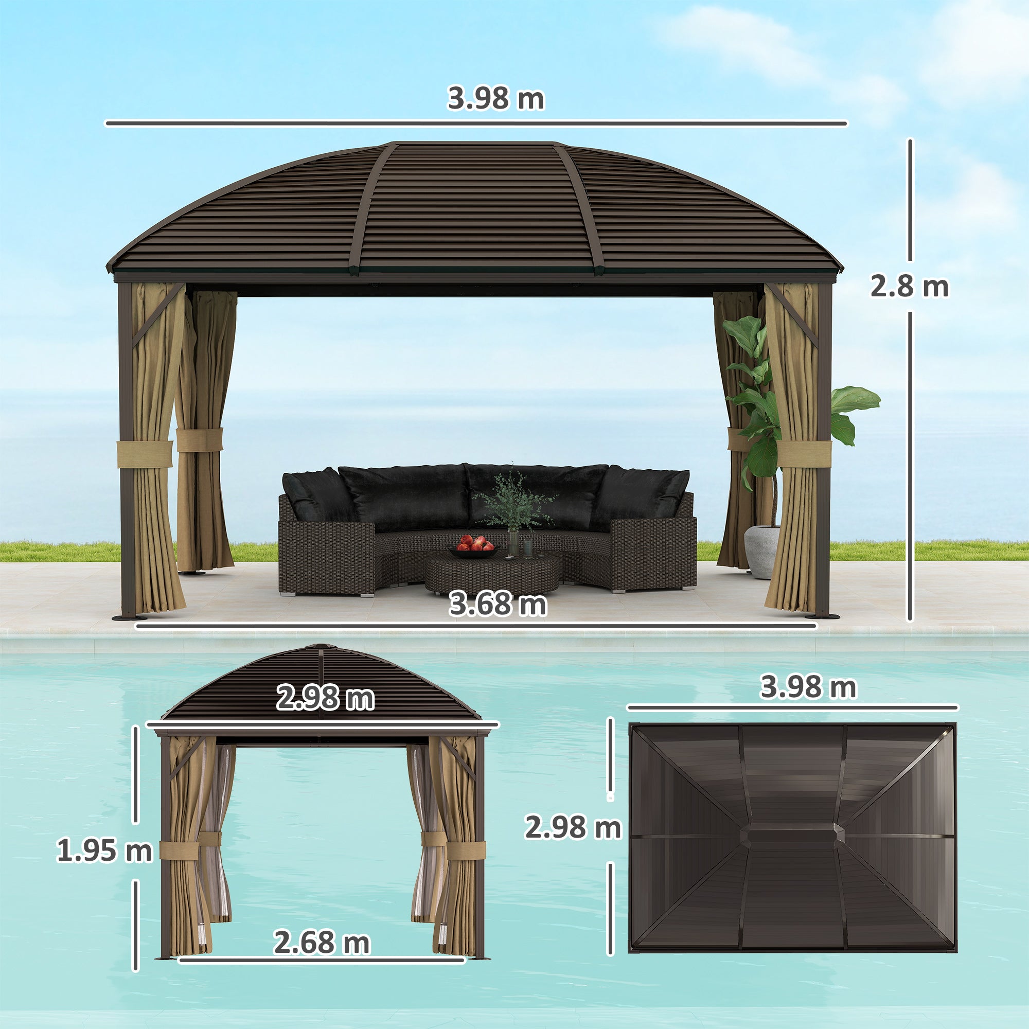 Outsunny 3 x 4m Hardtop Gazebo Canopy with Metal Roof, Aluminium Gazebo Permanent Pavilion with Netting and Curtains, Brown
