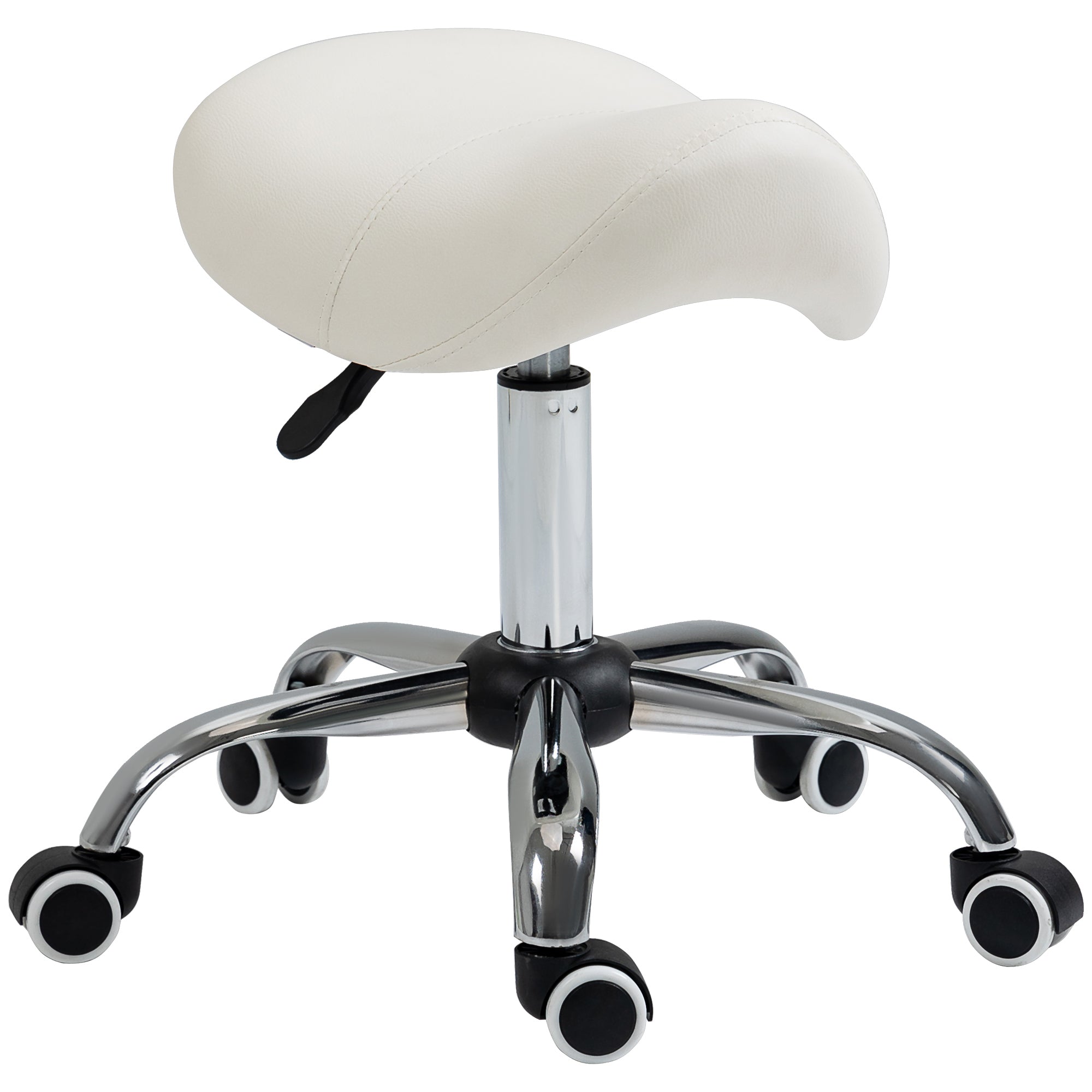 HOMCOM Cosmetic Stool 360 Rotate Height Adjustable Salon Massage Spa Chair Hydraulic Rolling Faux Leather Saddle Stool, Cream