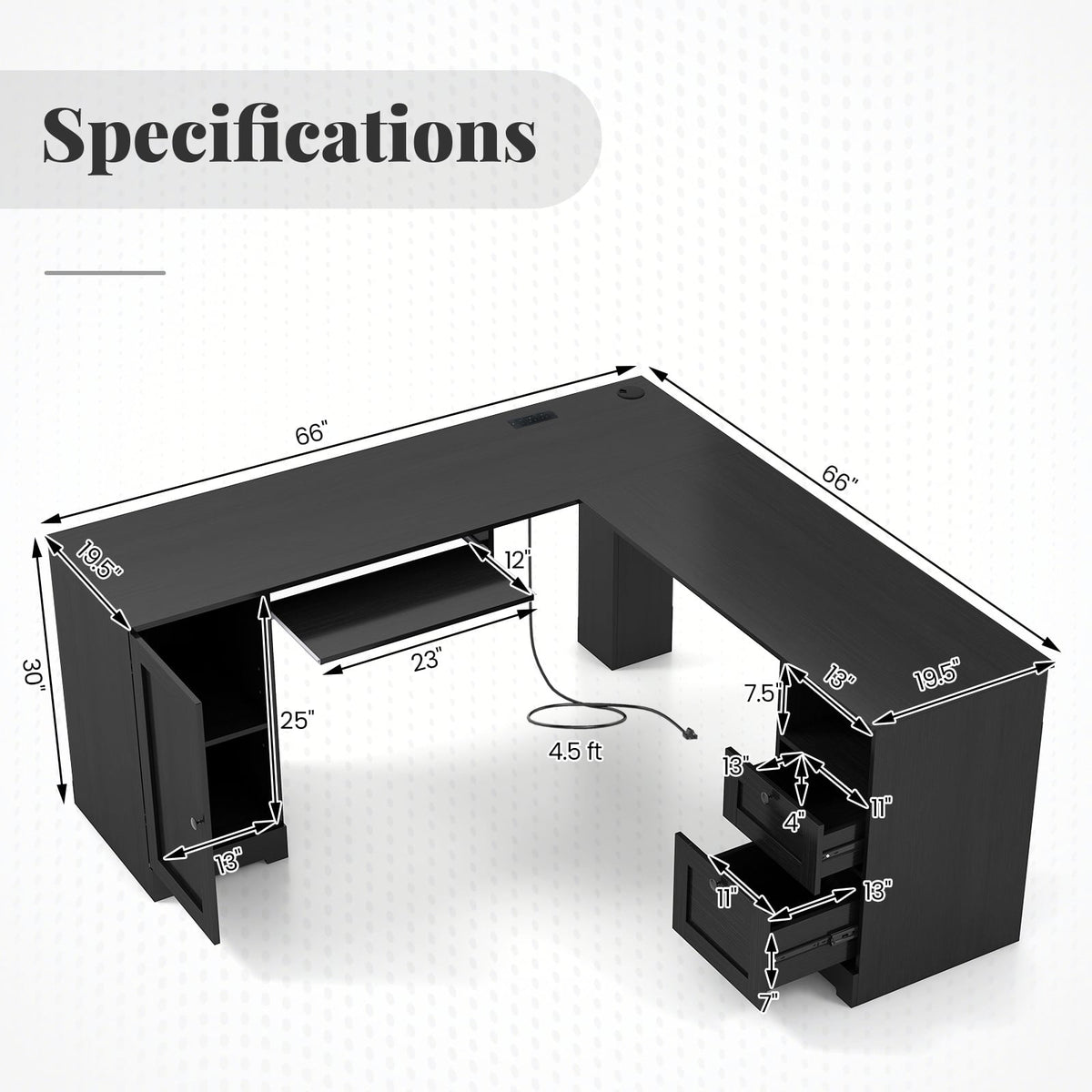 L-Shaped Computer Desk with Built-in Charging Station and Keyboard Tray Drawer-Black