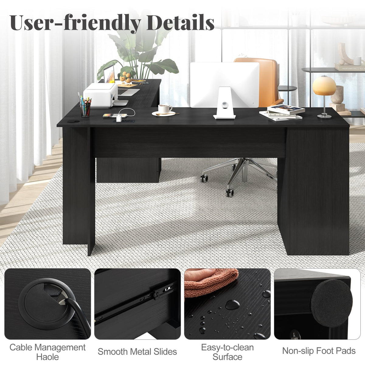 L-Shaped Computer Desk with Built-in Charging Station and Keyboard Tray Drawer-Black