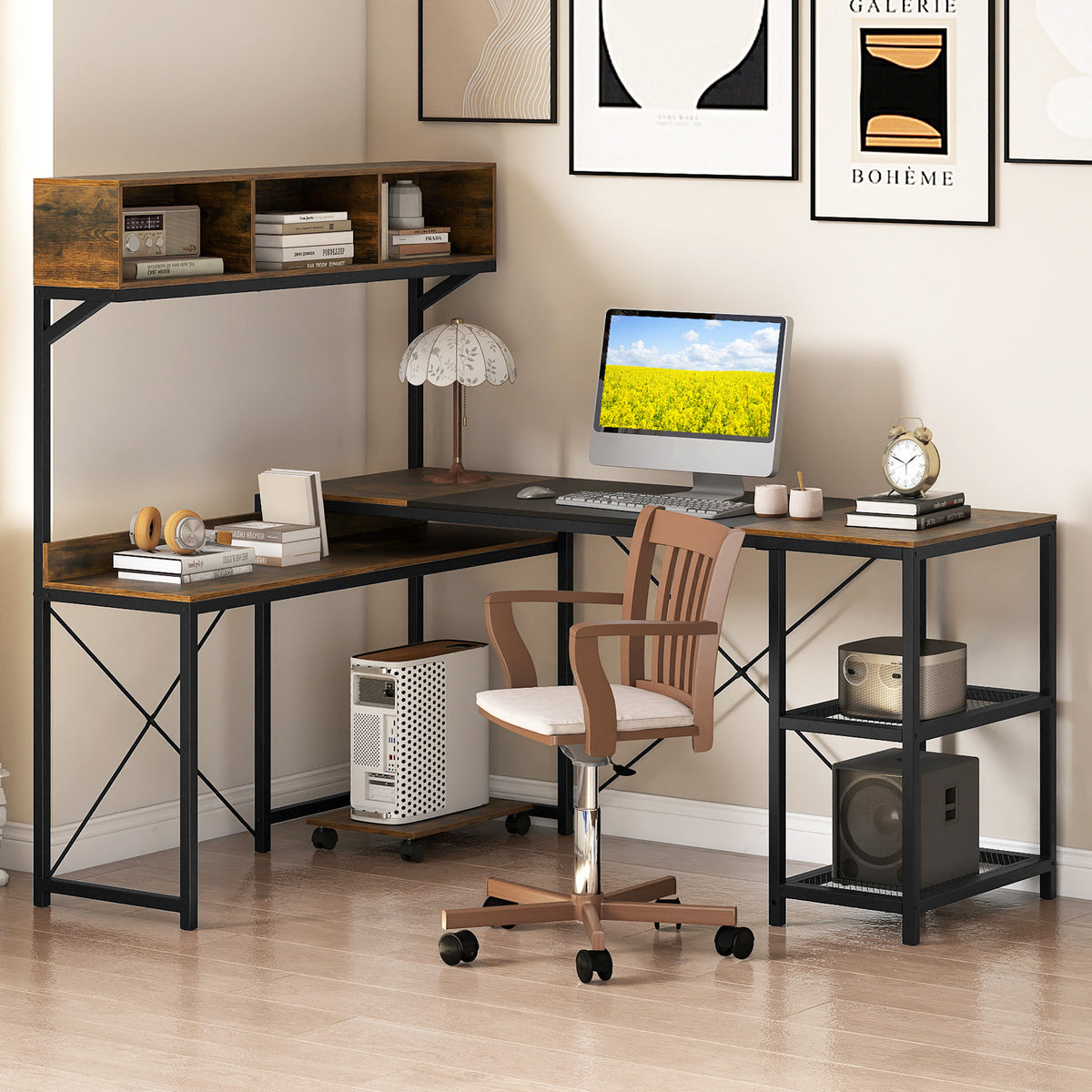 L-Shaped Computer Desk with Storage Hutch and Compartments for Home Office-Rustic Brown