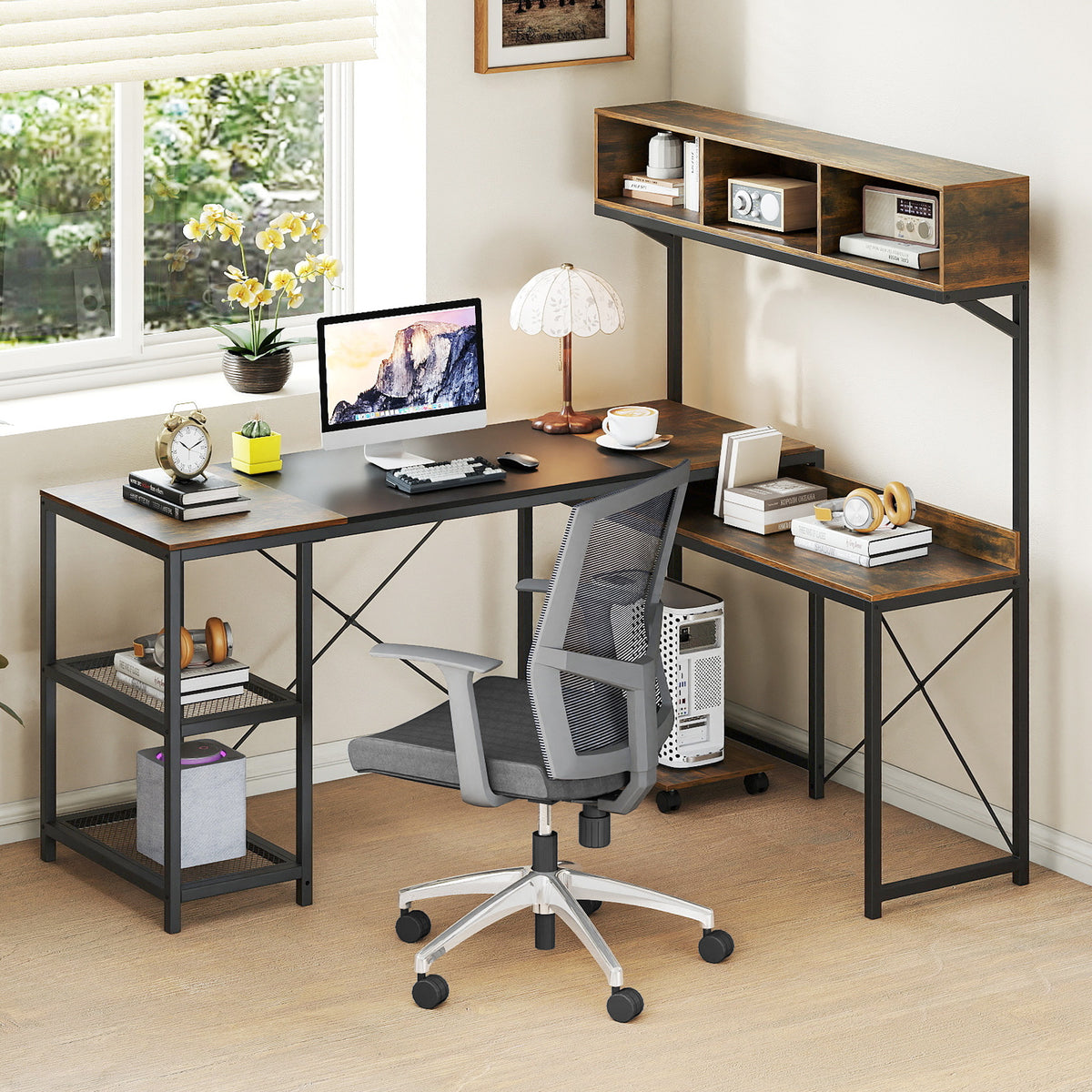 L-Shaped Computer Desk with Storage Hutch and Compartments for Home Office-Rustic Brown