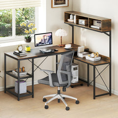 L-Shaped Computer Desk with Storage Hutch and Compartments for Home Office-Rustic Brown