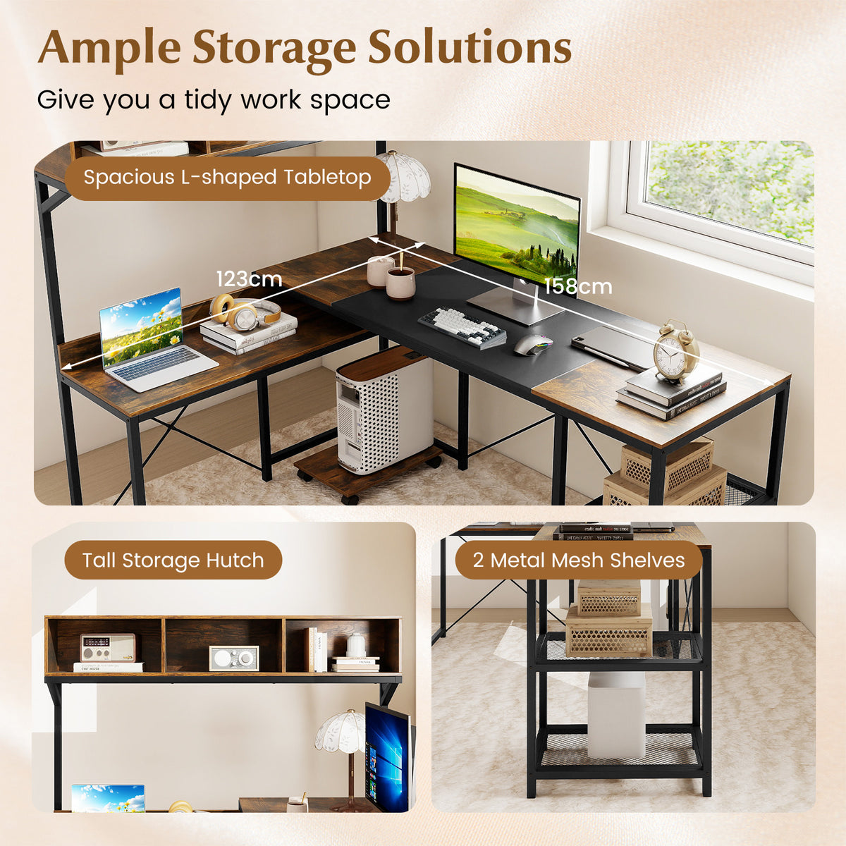 L-Shaped Computer Desk with Storage Hutch and Compartments for Home Office-Rustic Brown