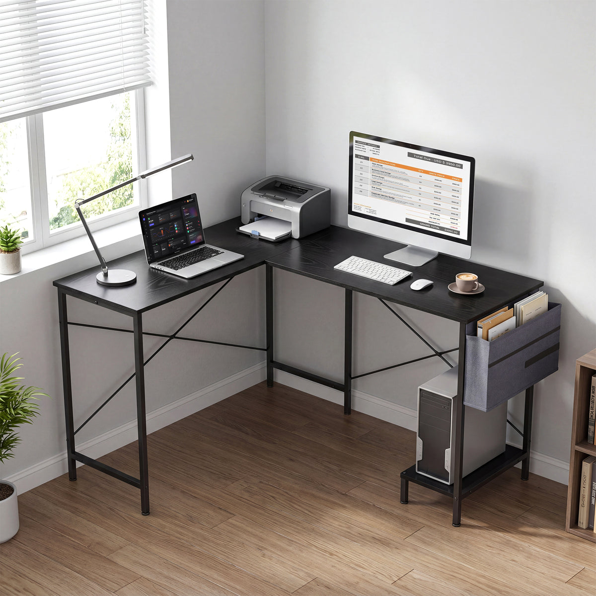L Shaped Office Desk with Drawer Reversible Corner Computer Desk-Black