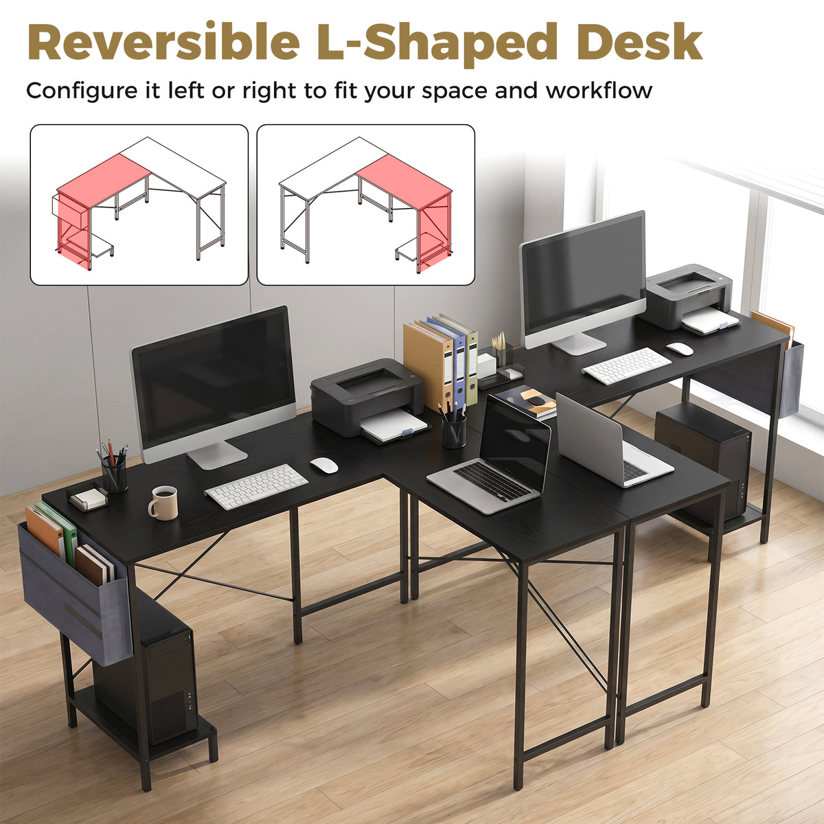 L Shaped Office Desk with Drawer Reversible Corner Computer Desk-Black