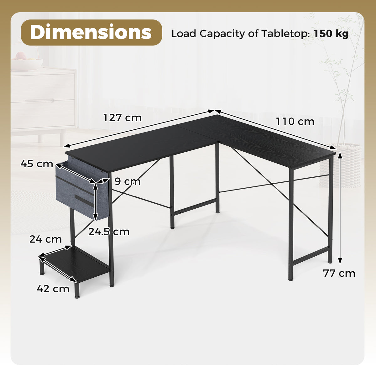 L Shaped Office Desk with Drawer Reversible Corner Computer Desk-Black