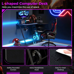 The office desk shown with close-up panels highlighting the rounded corners and hook