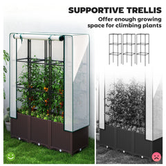 Outsunny Raised Garden Bed with Trellis, Plastic Planter Box with PE Cover, Drainage Holes, Drain Plugs and Water Reservoirs for Climbing Plants, Vegetables, Flowers, 120 x 40 x 140 cm