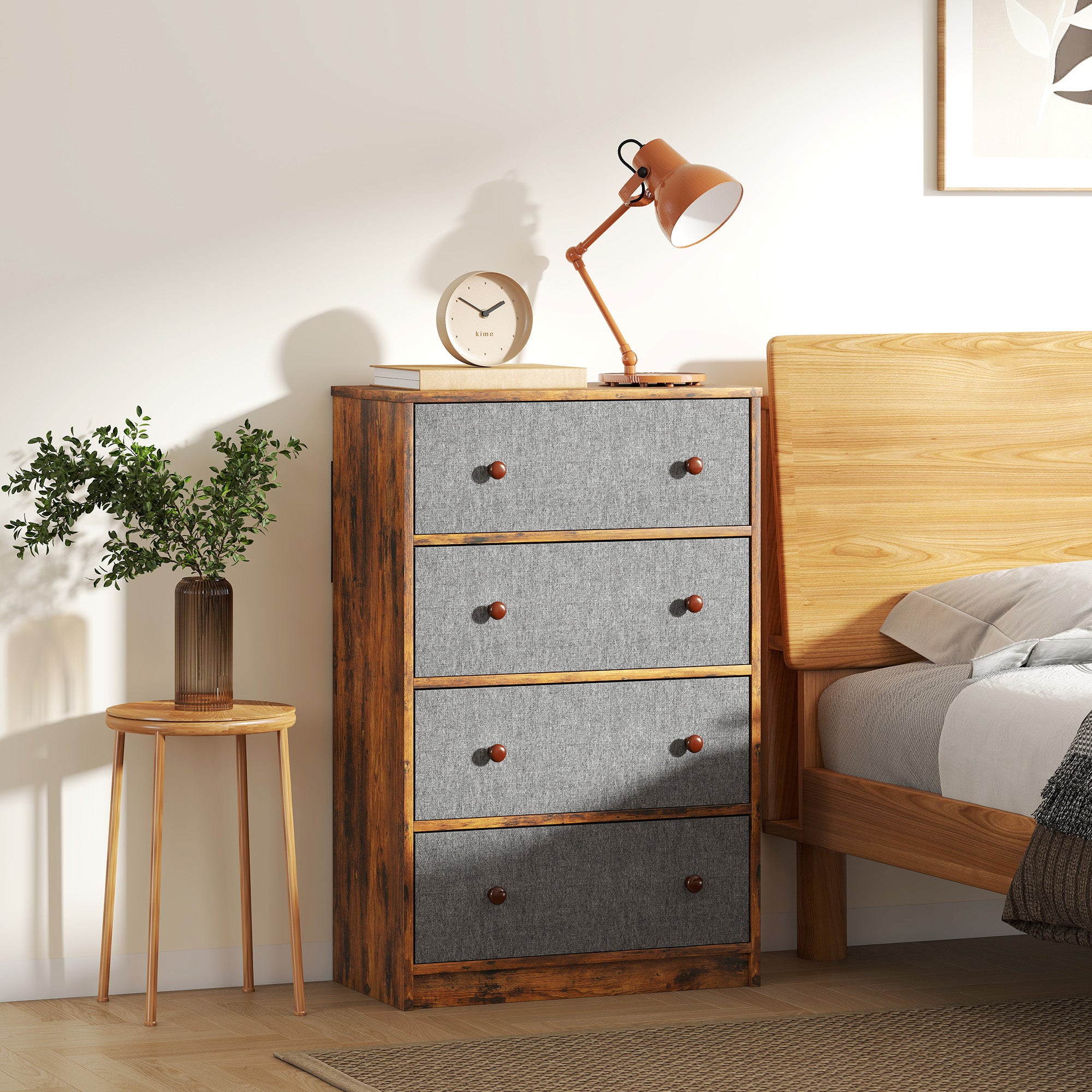 HOMCOM Chest of Drawers, Dresser with 4 Fabric Drawers - Grey and Rustic Brown