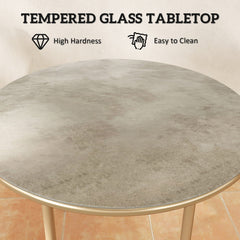 Outsunny Round Coffee Table, Modern End Side Table with Faux Marble Tempered Glass Top, Steel Frame for Living Room, Bedroom, Office, Beige