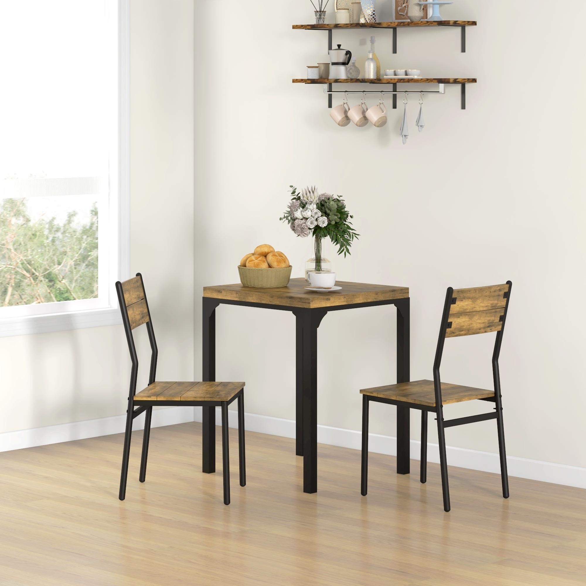 HOMCOM Three-Piece Minimal and Compact Dining Set, Rustic Brown
