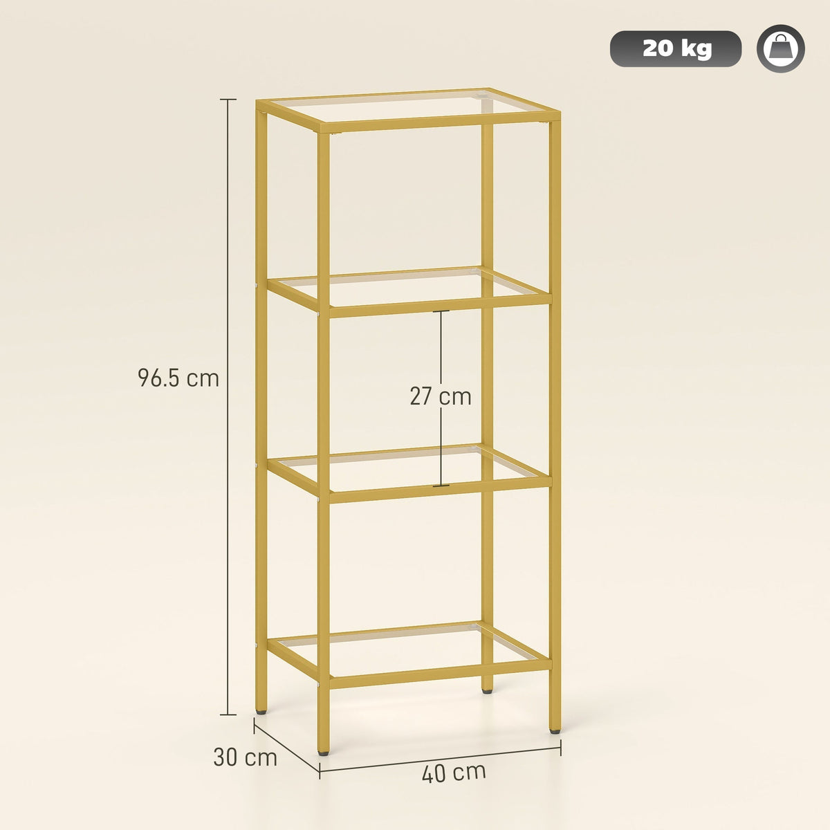 HOMCOM 4-Tier Shelving Unit, Glass Shelf, Vertical Storage Shelf for Living Room, Home Office, Bedroom, Bathroom, Gold Tone