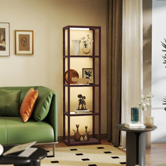 HOMCOM LED Floor Lamp with Glass Shelves, 4 Layers Dimmable Tall Standing Lamp, Modern Column Shelf Floor Light for Living Room, Bedroom, Office, Dark Brown